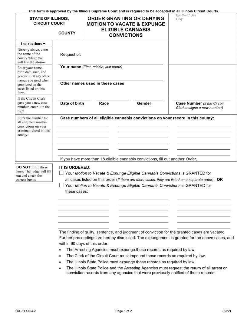 Order Granting Denying Motion To Vacate Expunge Eligible Cannabis Convictions {EXC-O 4704.2} | Pdf Fpdf Docx | Illinois