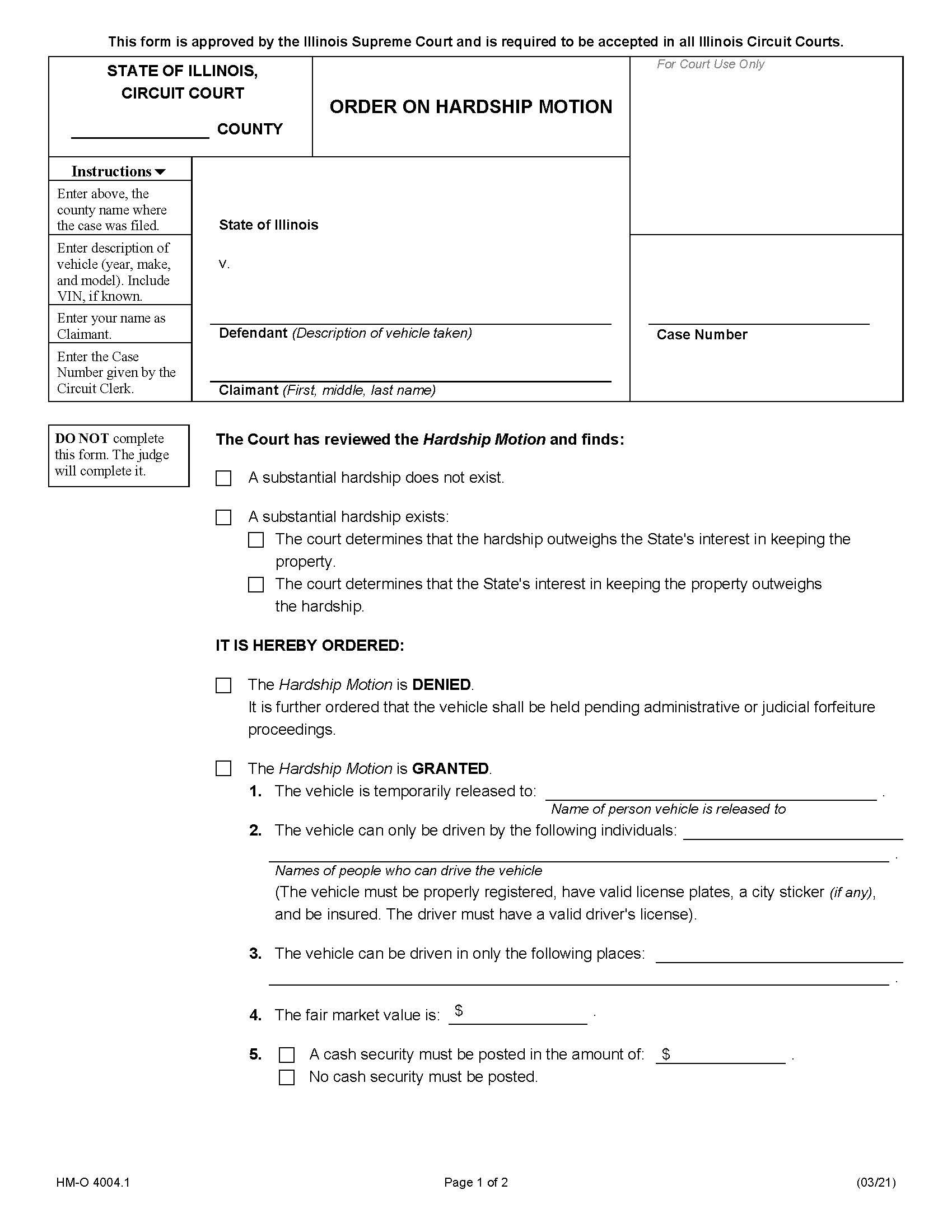 Order On Hardship Motion {HM-O 4004.1} | Pdf Fpdf Docx | Illinois