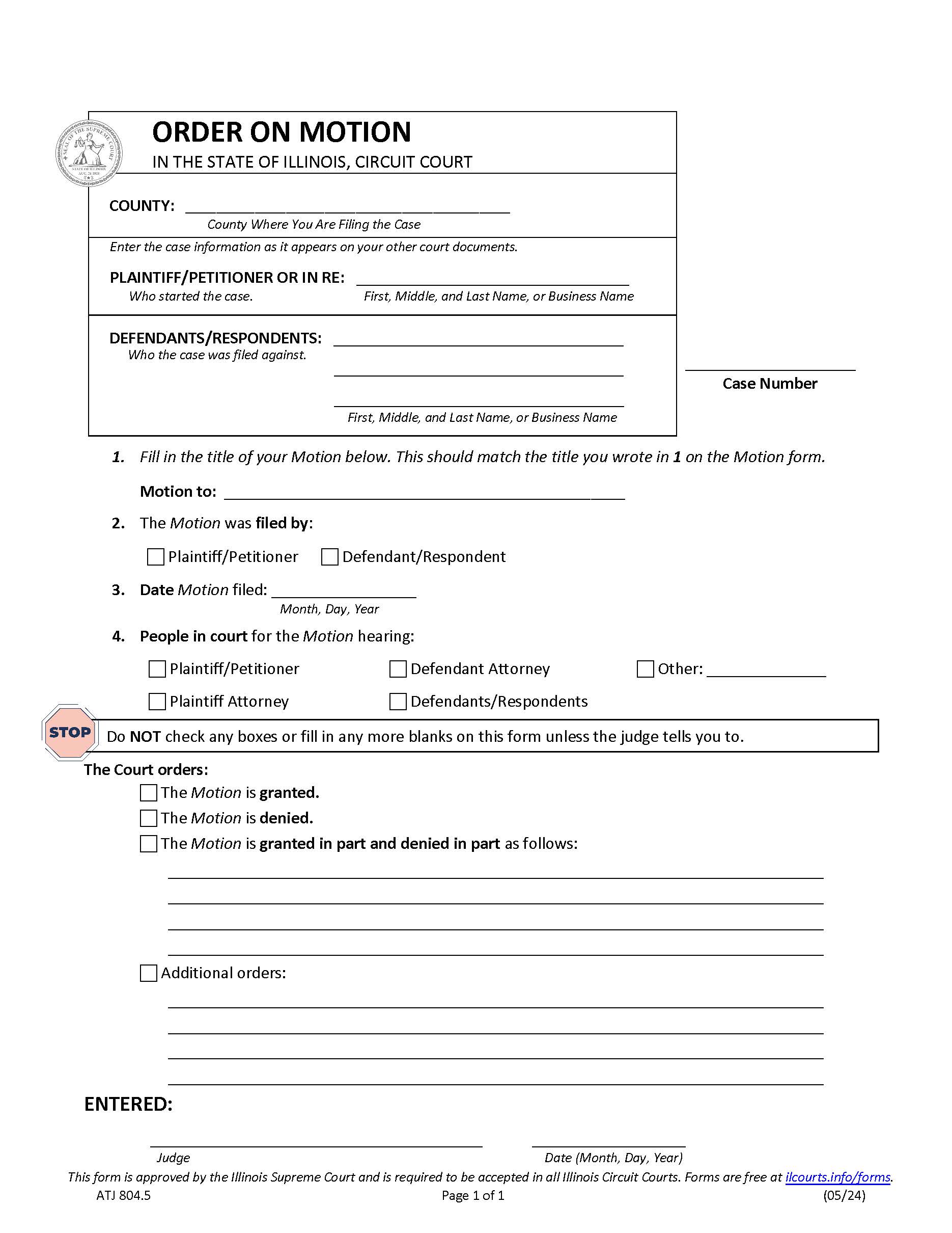 Order On Motion {ATJ 804.5} | Pdf Fpdf Doc Docx | Illinois