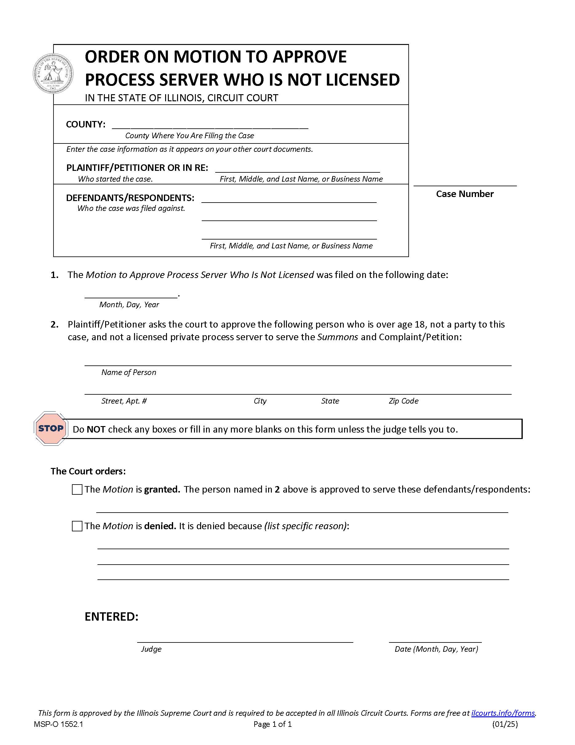 Order On Motion To Approve Process Server Who Is Not Licensed {MSP-O 1552.1} | Pdf Fpdf Docx | Illinois