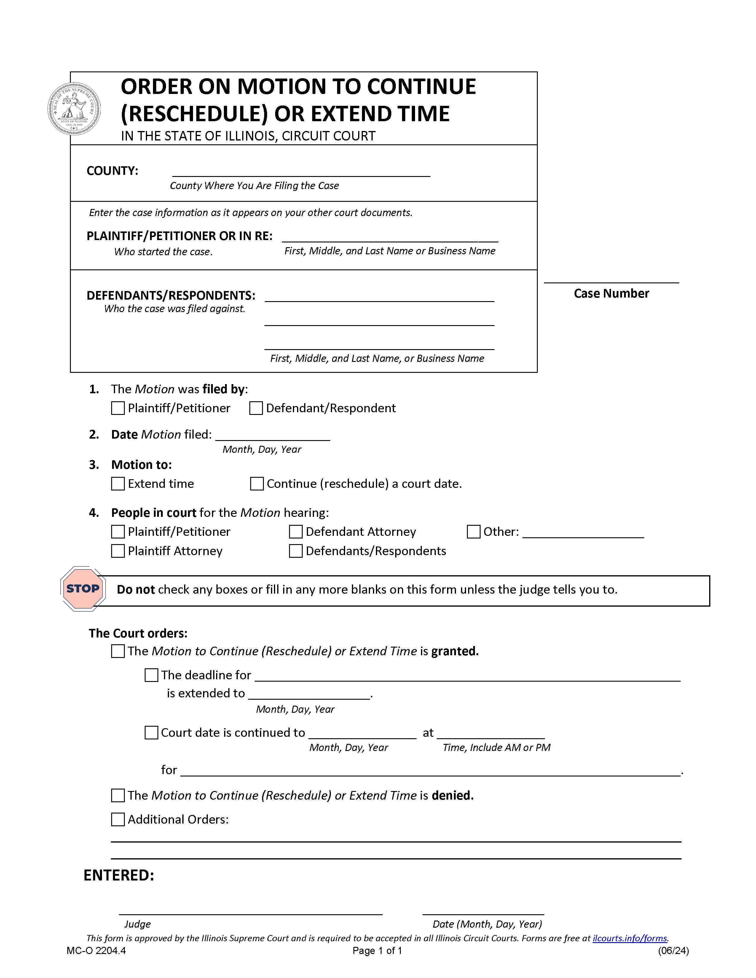 Order On Motion To Continue (Reschedule) Or Extend Time {MC-O 2204.4} | Pdf Fpdf Docx | Illinois