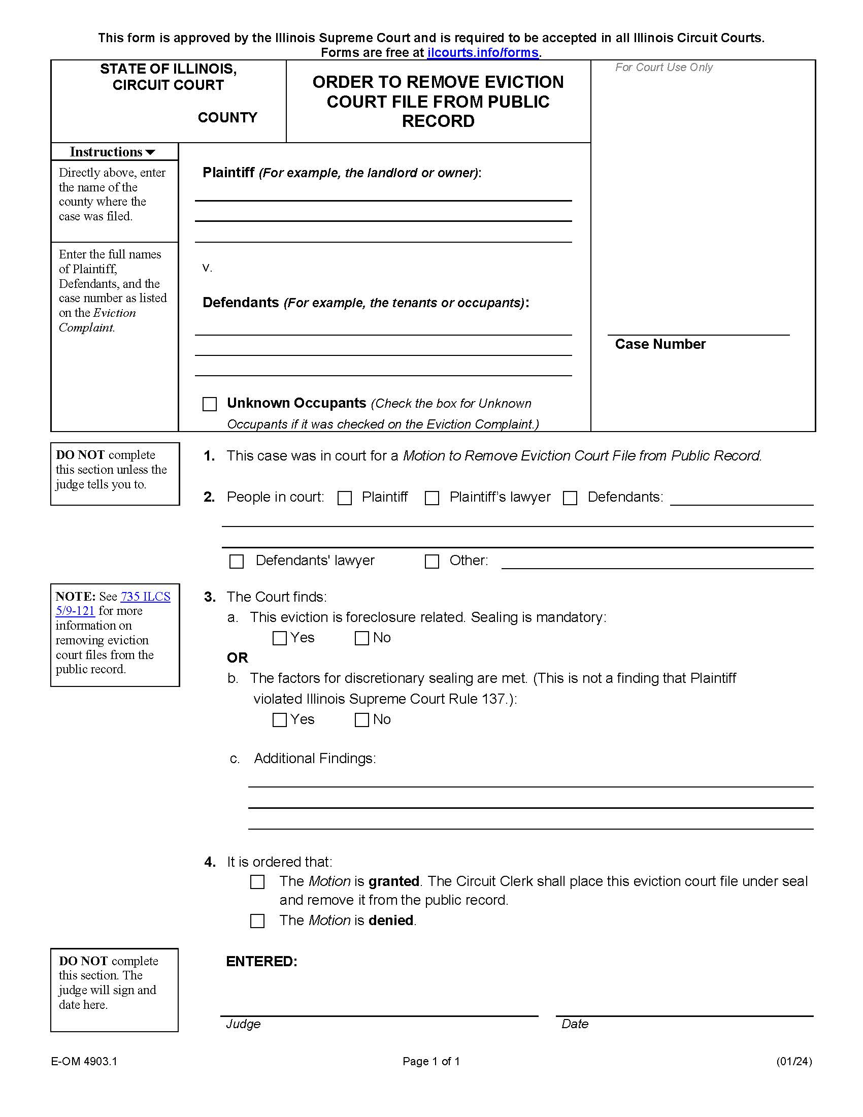Order To Remove Eviction Court File From Public Record {E-OM 4903.1} | Pdf Fpdf Docx | Illinois