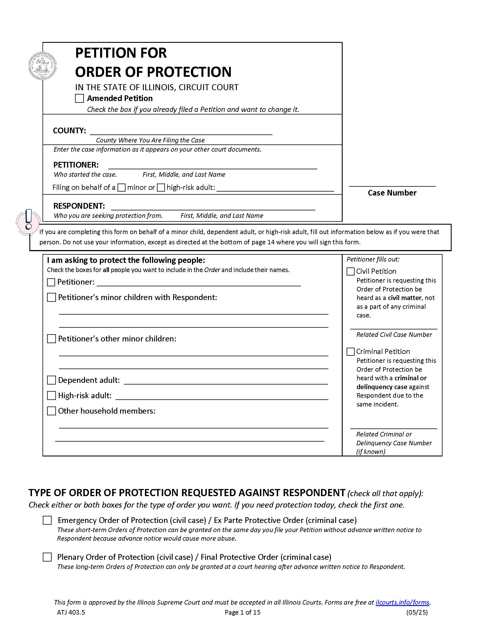 Petition For Order Of Protection {ATJ 403.5} | Pdf Fpdf Docx | Illinois