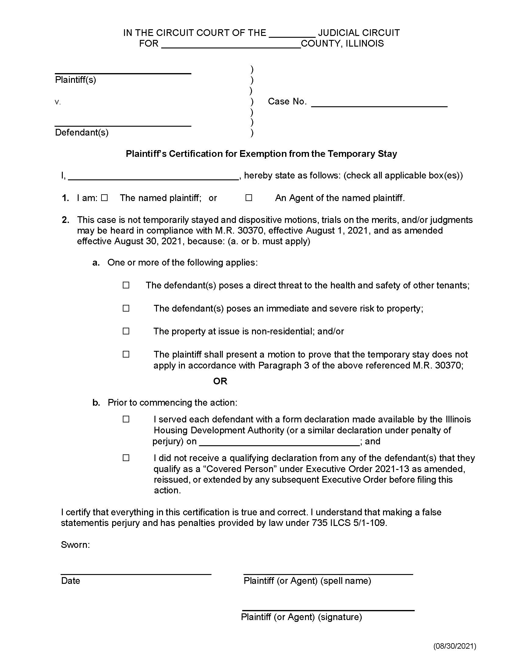 Plaintiffs Certification For Exemption From The Temporary Stay | Pdf Fpdf Docx | Illinois