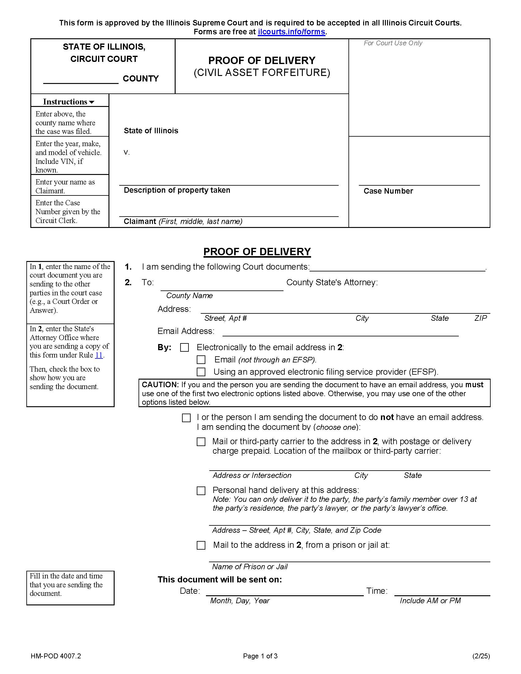 Proof Of Delivery (Civil Asset Forfeiture) {CA-POD 4007.2} | Pdf Fpdf Docx | Illinois
