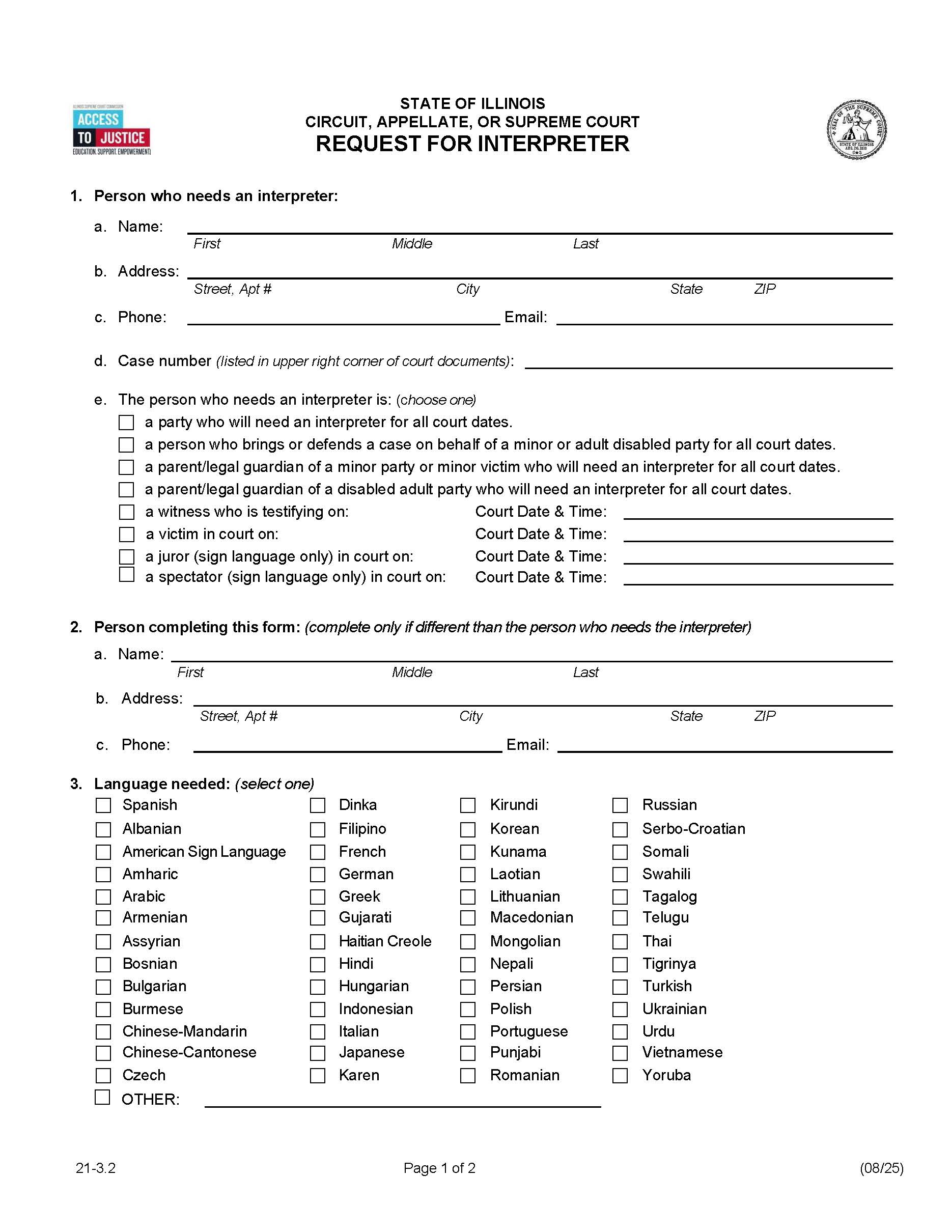 Request For Interpreter | Pdf Fpdf Docx | Illinois