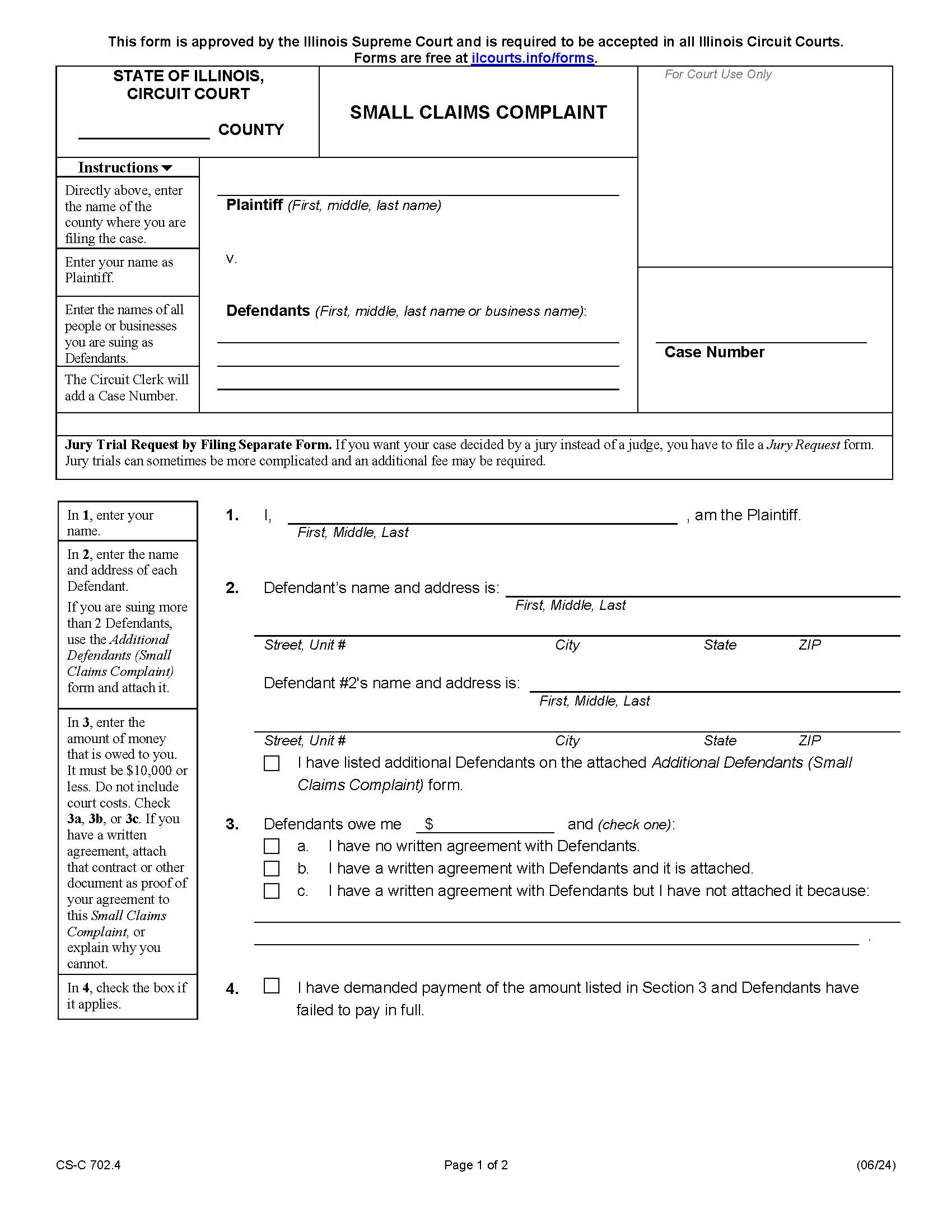 Small Claims Complaint {CS-C 702.4} | Pdf Fpdf Docx | Illinois