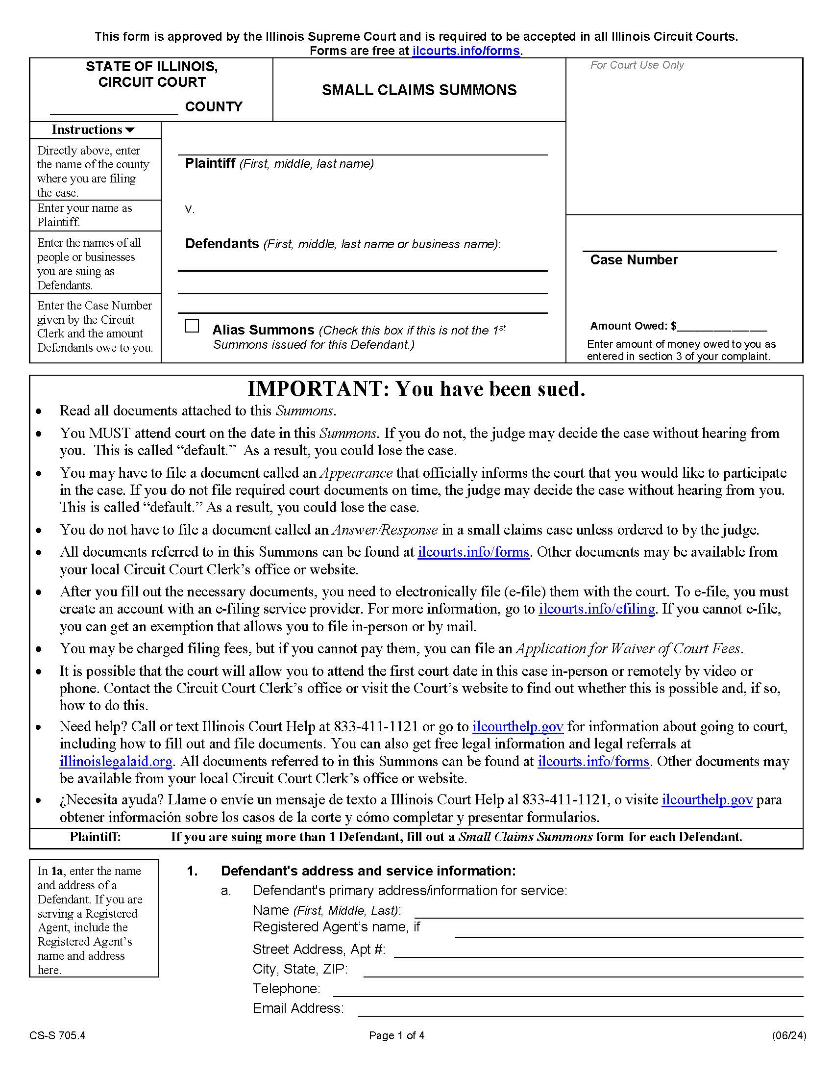 Small Claims Summons {CS-S 705.4} | Pdf Fpdf Docx | Illinois