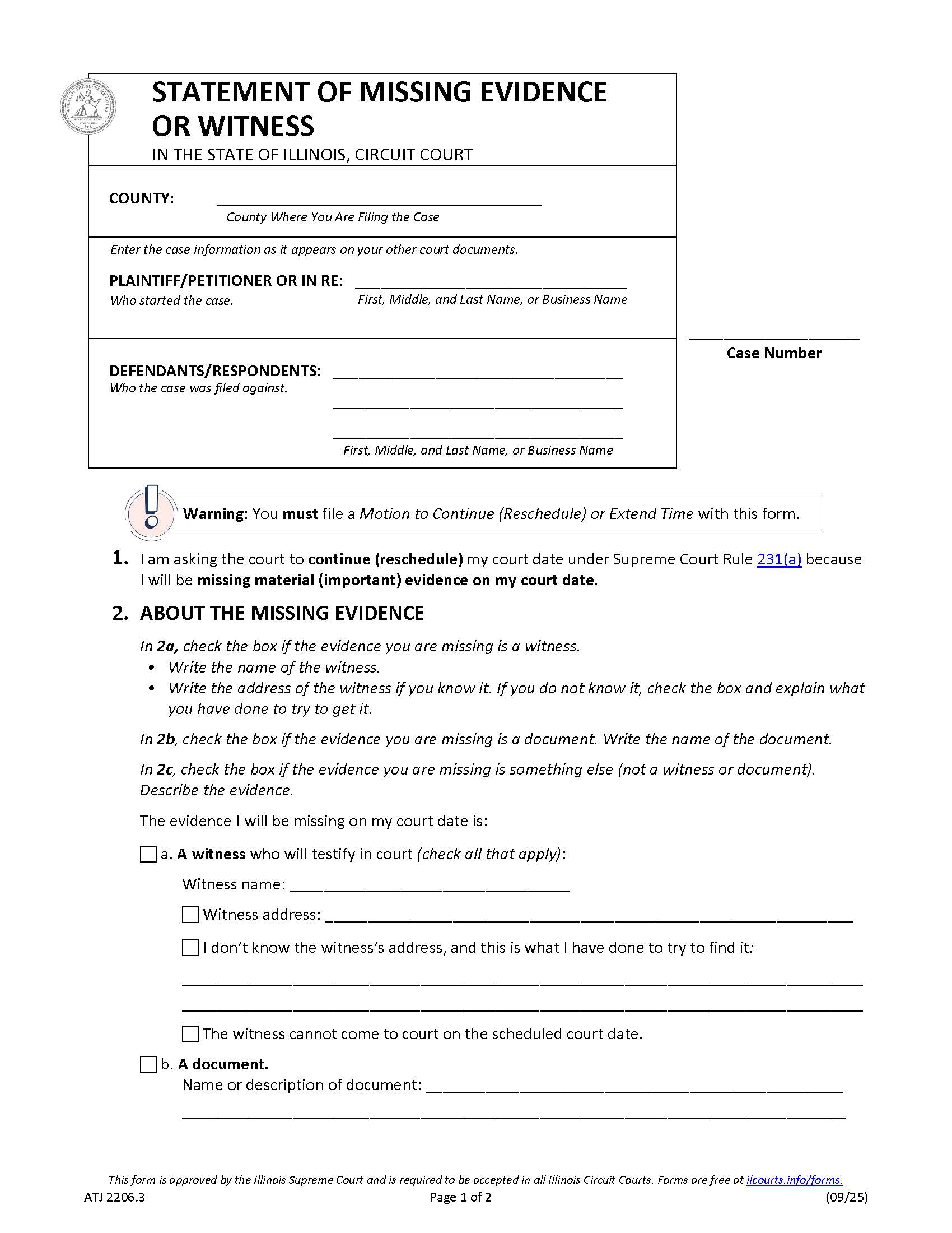 Statement Of Missing Evidence Or Witness {ATJ 2206.3} | Pdf Fpdf Docx | Illinois