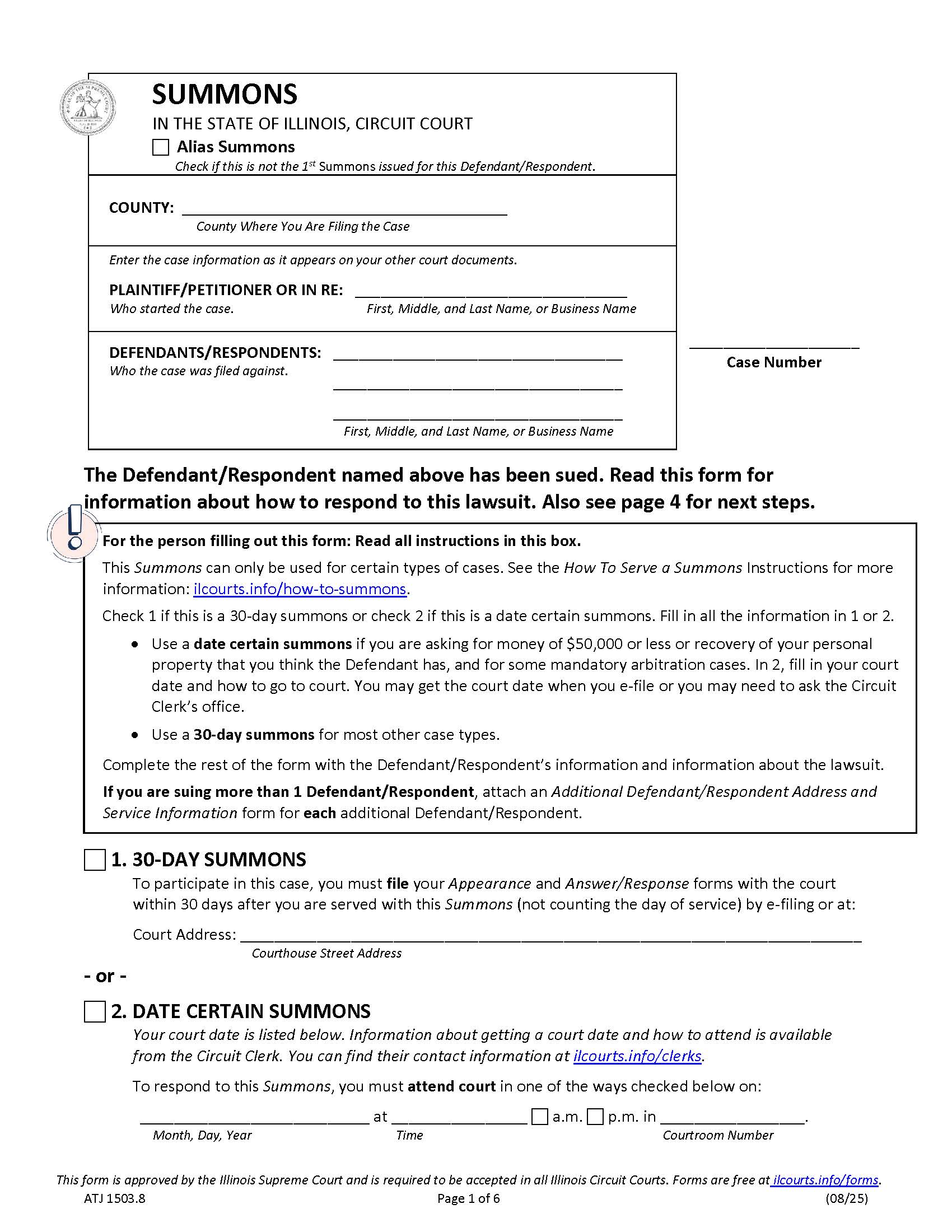 Summons (Alias Summons 30 Day Or Date Certain) {ATJ 1503.8} | Pdf Fpdf Docx | Illinois