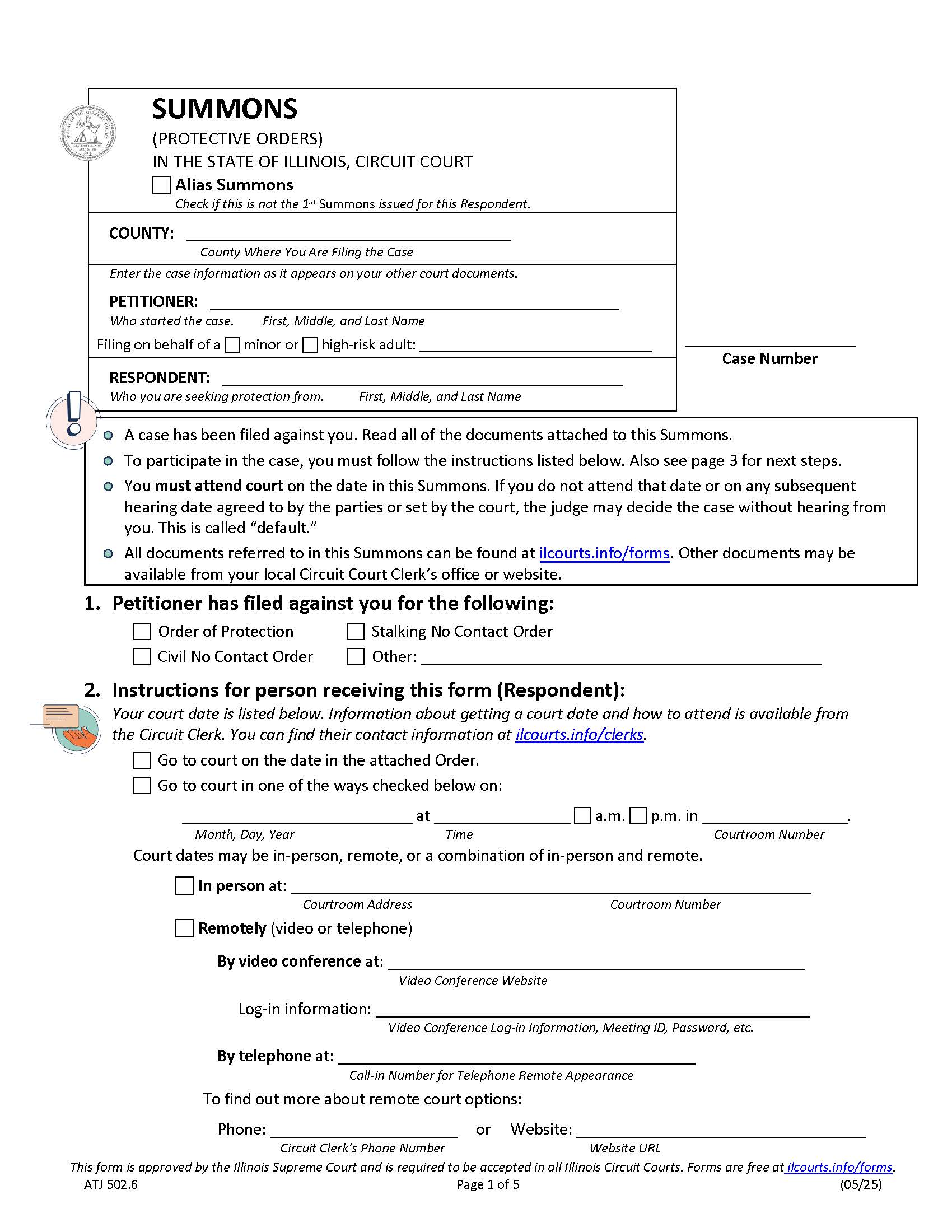 Summons (Protective Orders) {SU-502.6} | Pdf Fpdf Docx | Illinois