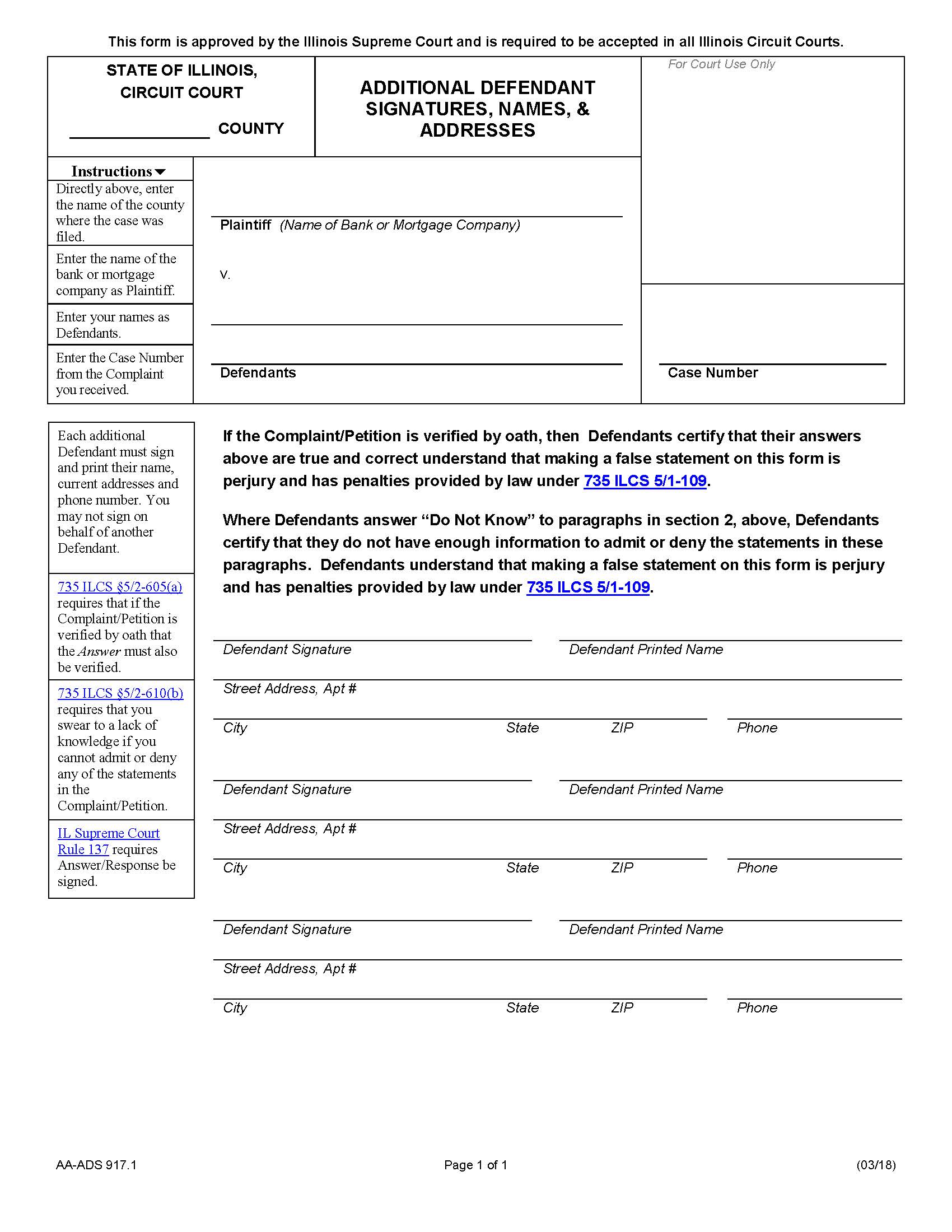 Additional Defendant Signatures Names And Addresses {AA-ADS 917.1} | Pdf Fpdf Docx | Illinois