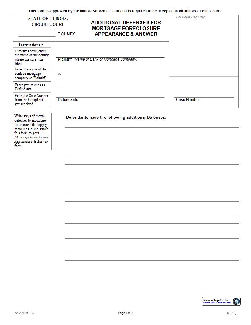 Additional Defenses For Mortgage Foreclosure Appearance And Answwer {AA-AAD 904.3} | Pdf Fpdf Docx | Illinois