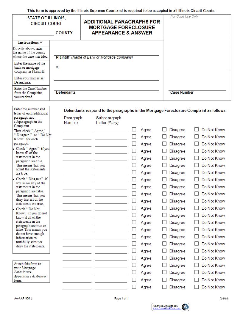 Additional Paragraphs For Mortgage Foreclosure Appearance And Answwer {AA-AAP 906.2} | Pdf Fpdf Docx | Illinois