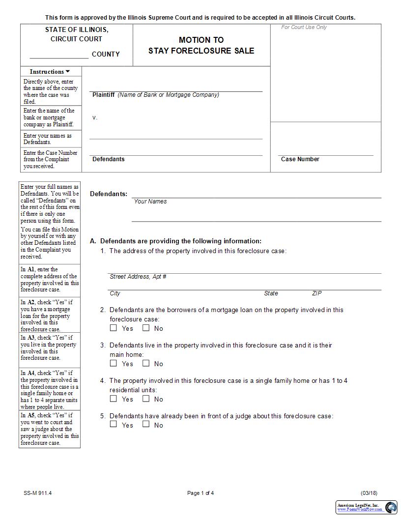Motion To Stay Foreclosure Sale {SS-M 911.4} | Pdf Fpdf Docx | Illinois