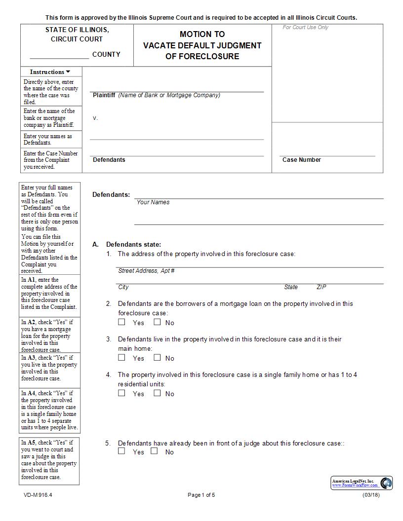 Motion To Vacate Default Judgment Of Foreclosure {VD-M 916.4} | Pdf Fpdf Docx | Illinois