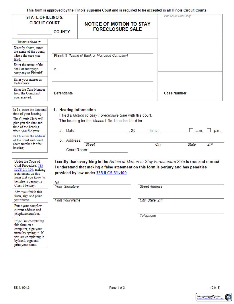 Notice Of Motion To Stay Foreclosure Sale {SS-N 901.3} | Pdf Fpdf Docx | Illinois