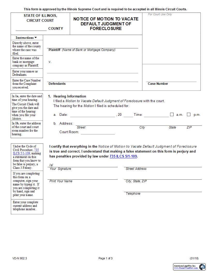 Notice Of Motion To Vacate Default Judgment Of Foreclosure {VD-N 902.3} | Pdf Fpdf Docx | Illinois