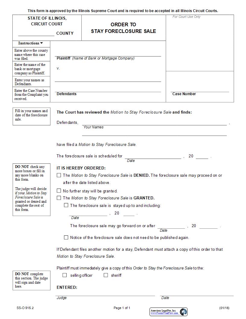 Order To Stay Foreclosure Sale {SS-O 915.2} | Pdf Fpdf Docx | Illinois