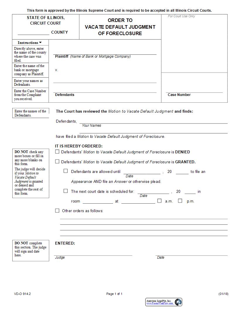 Order To Vacate Default Judgment Of Foreclosure {VD-O 914.2} | Pdf Fpdf Docx | Illinois