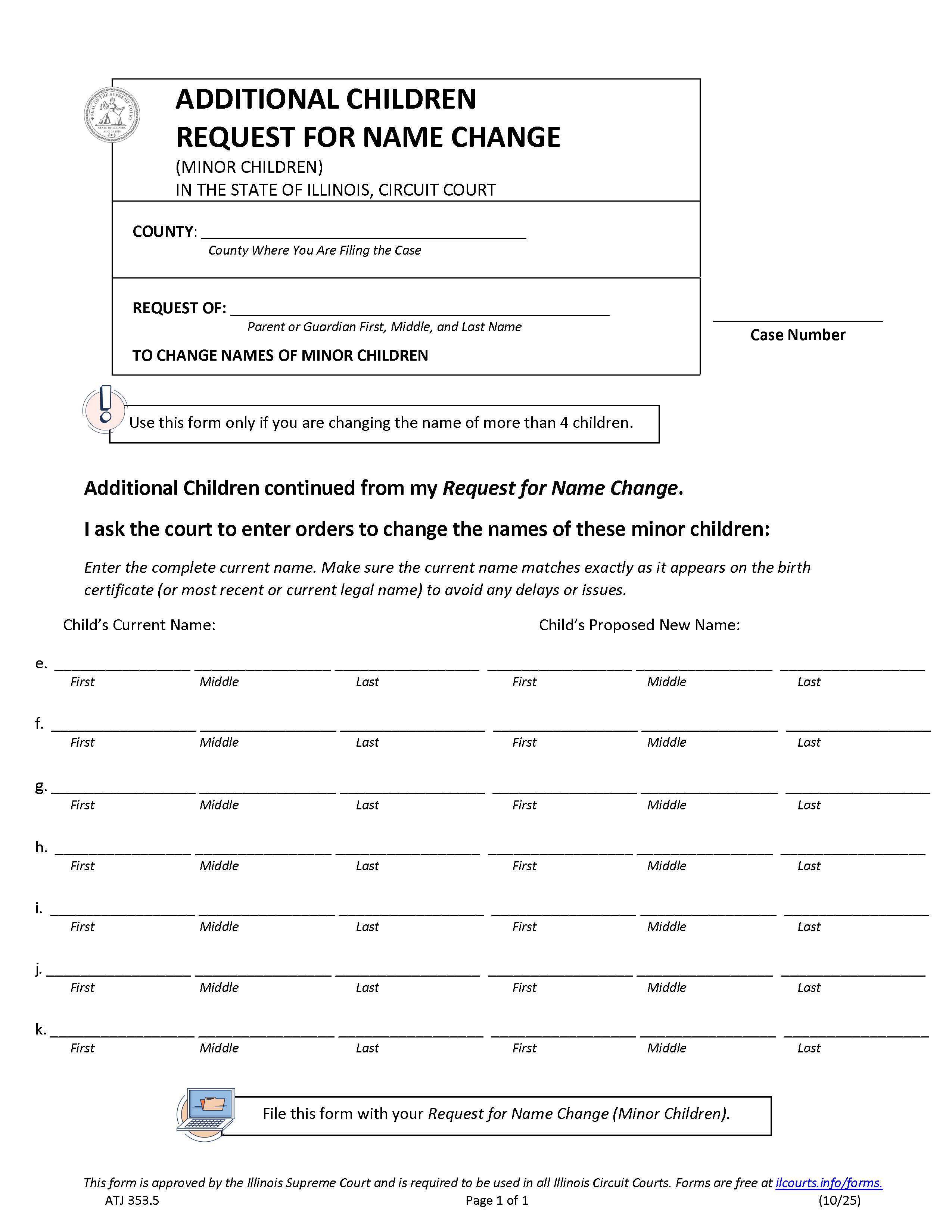 Additional Children Request For Name Change {ATJ 353.5} | Pdf Fpdf Docx | Illinois