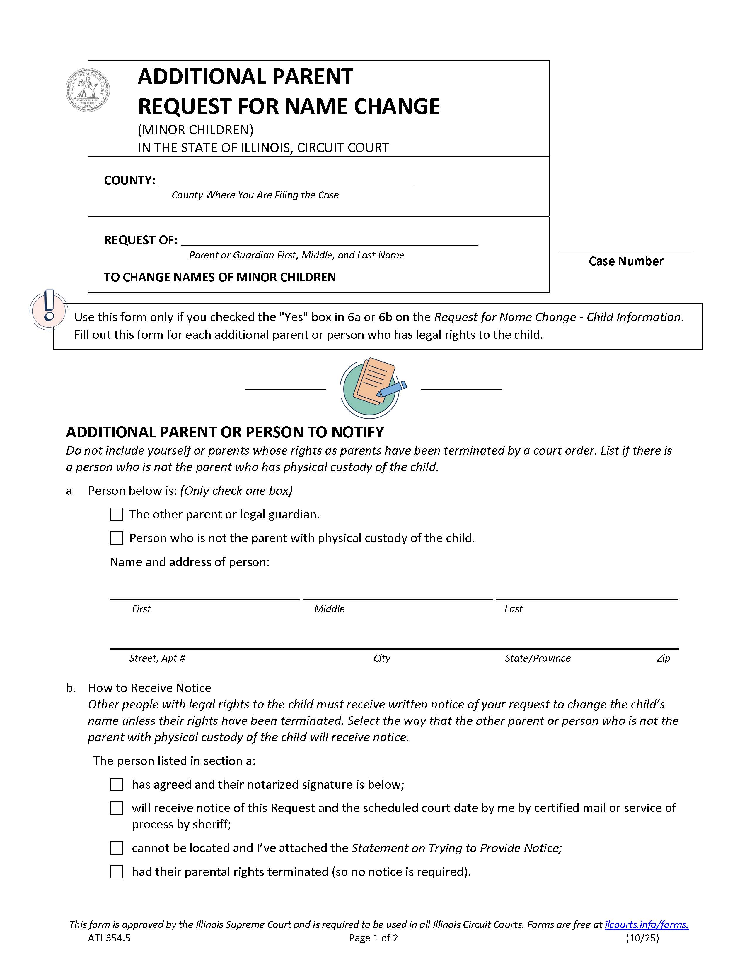 Additional Parent Request For Name Change {ATJ 354.5} | Pdf Fpdf Docx | Illinois