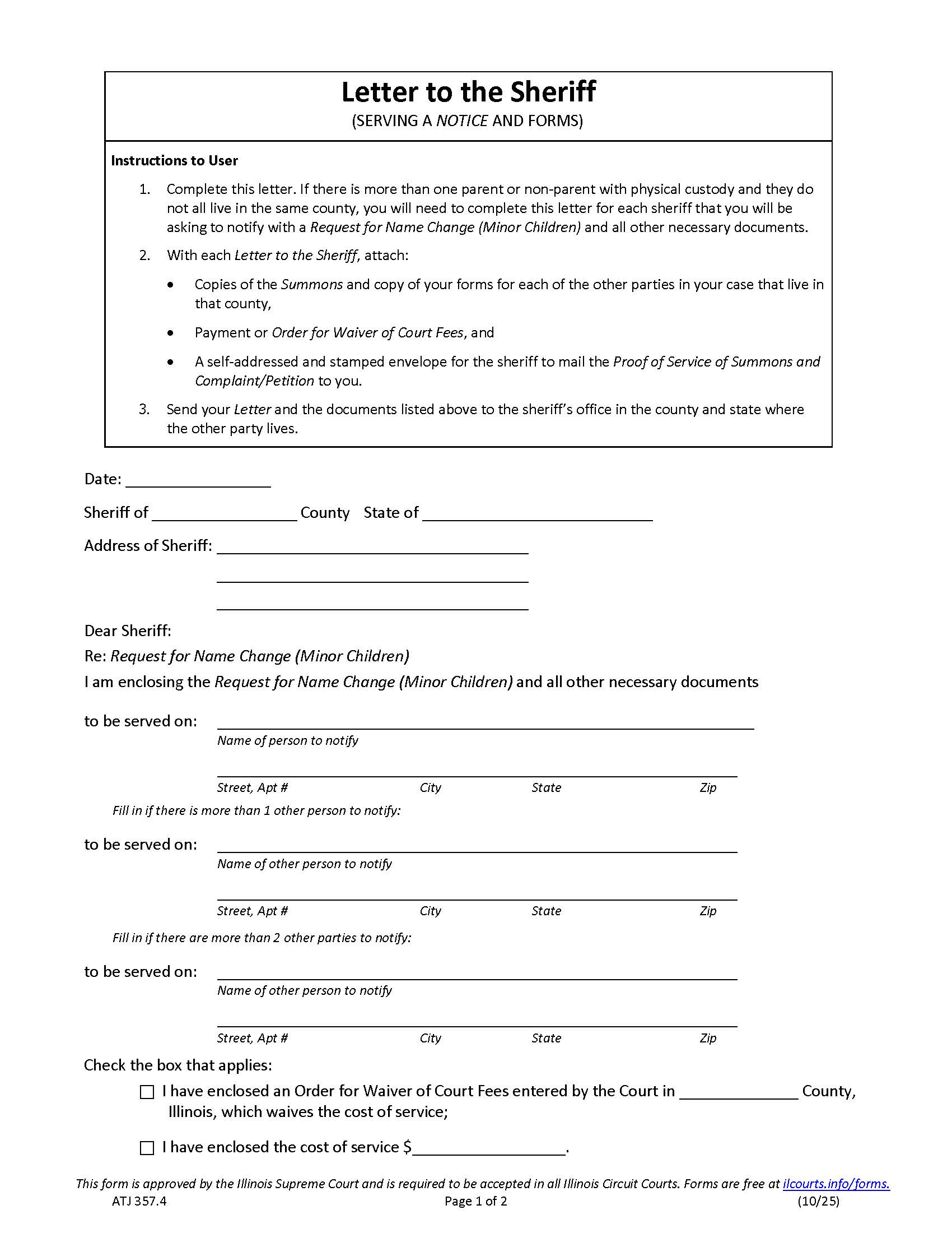 Letter to Sheriff Name Change {ATJ 357.4} | Pdf Fpdf Doc Docx | Illinois