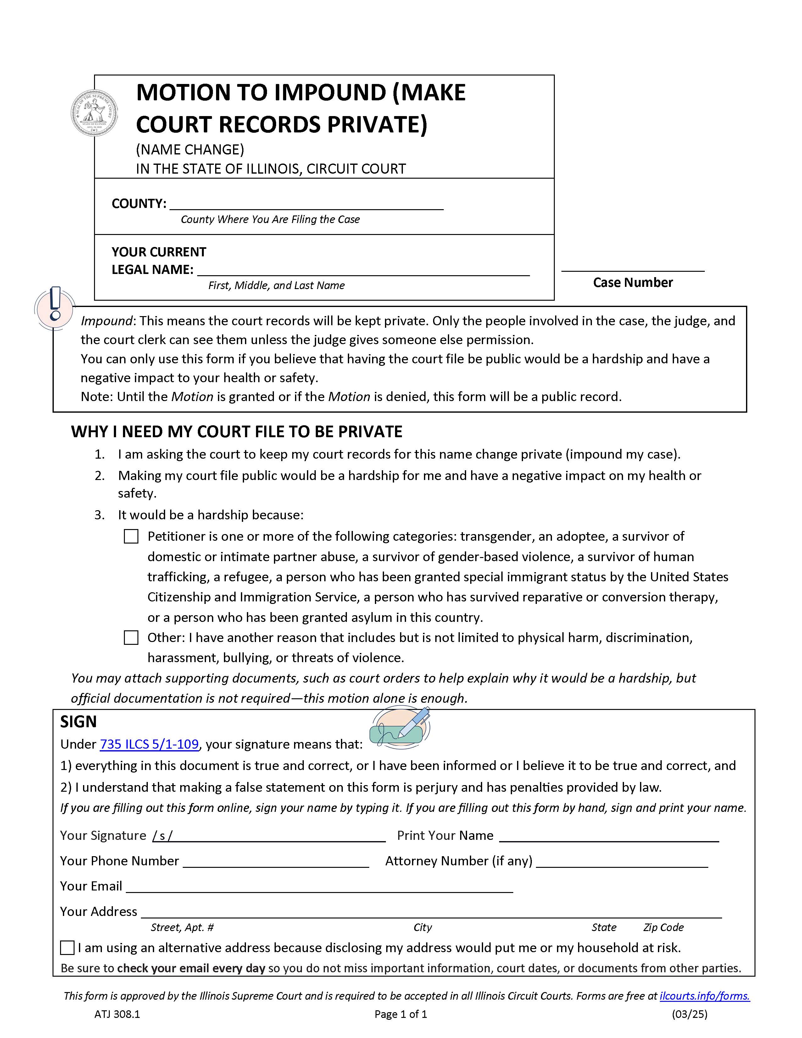 Motion To Impound (Make Court Records Private) {ATJ 308.1} | Pdf Fpdf Docx | Illinois
