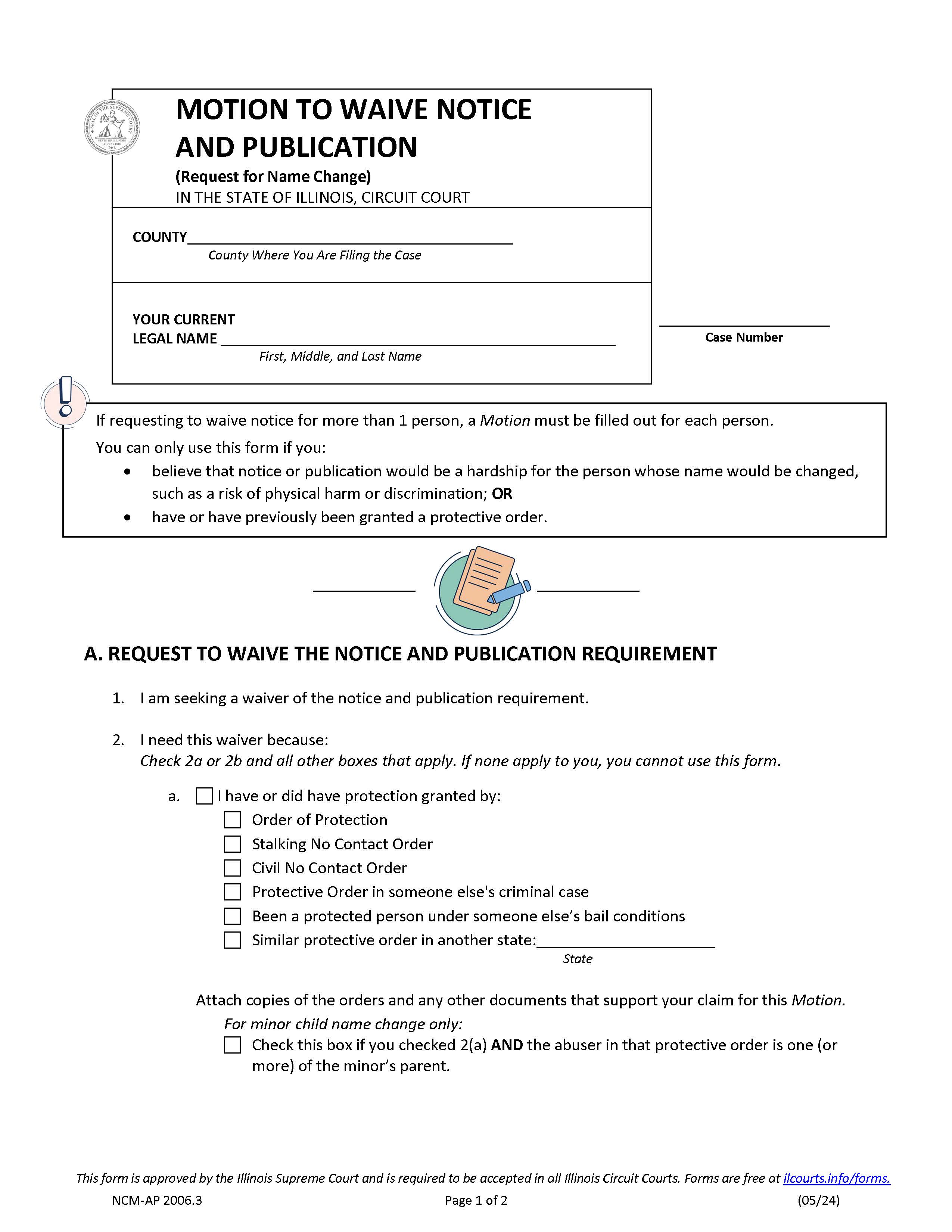 Motion To Waive Notice And Publication (Request For Name Change) {NCM-AP 2006.3 | Pdf Fpdf Docx | Illinois