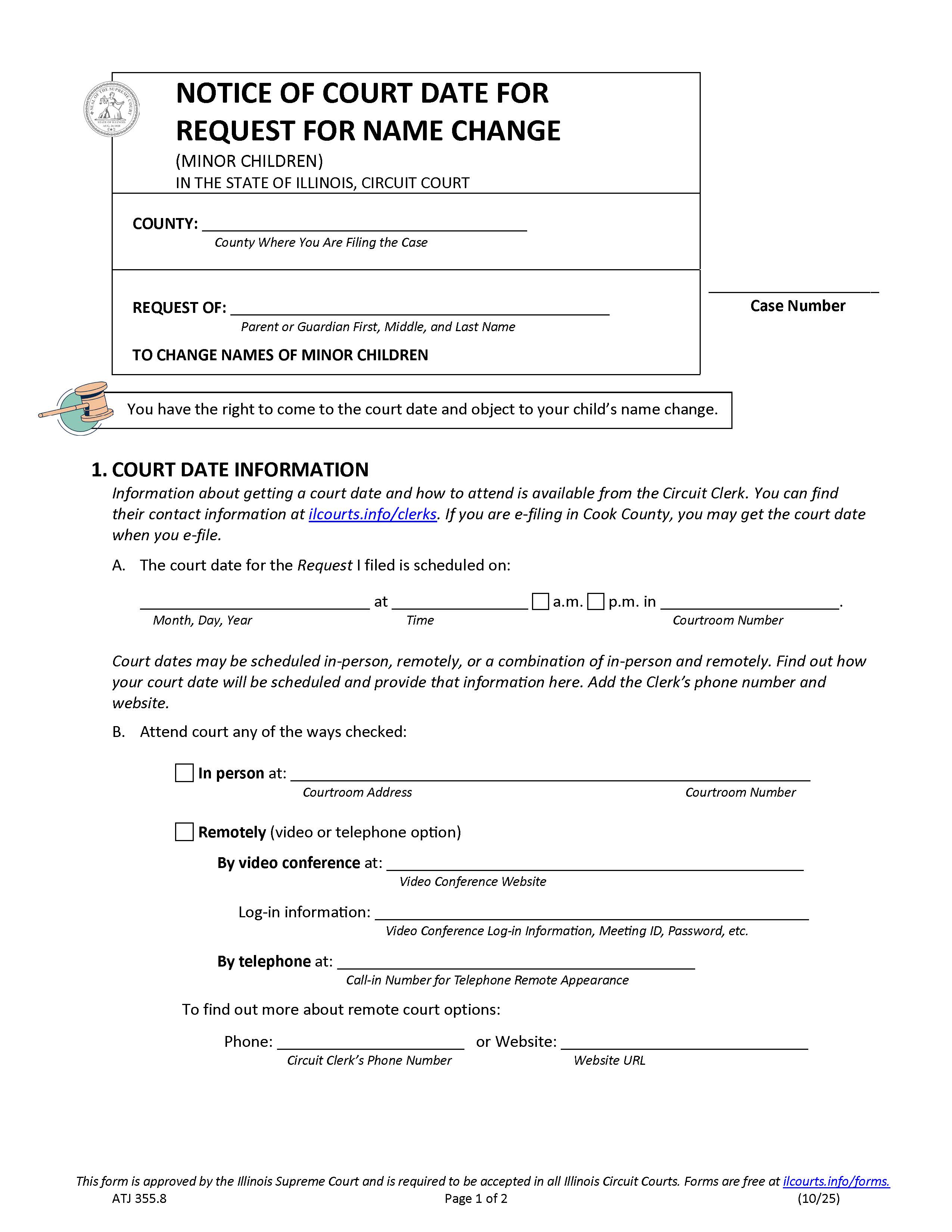 Notice Of Court Date Request For Name Change (Minor Children) {ATJ 355.8} | Pdf Fpdf Docx | Illinois