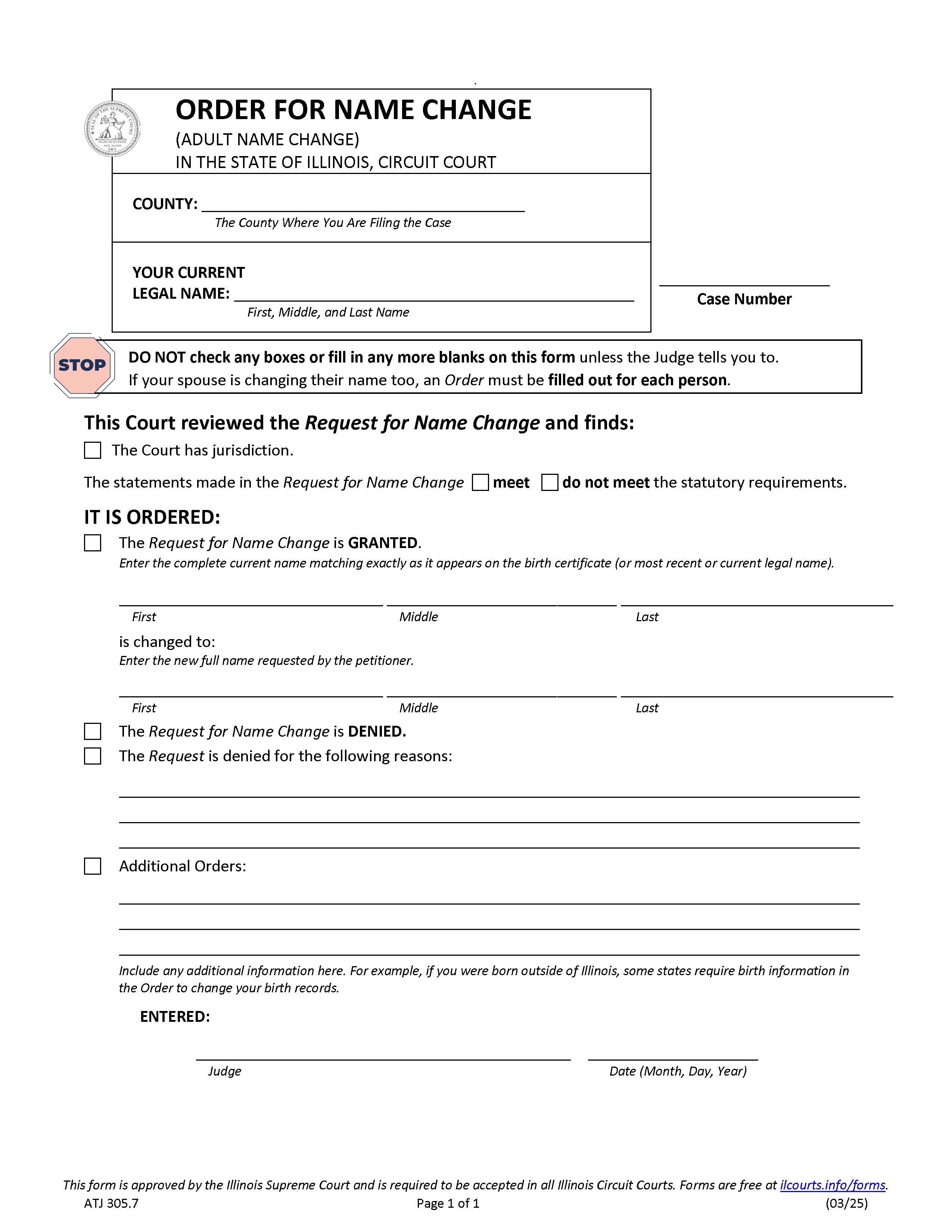Order For Name Change (Adult) {ATJ 305.7} | Pdf Fpdf Docx | Illinois