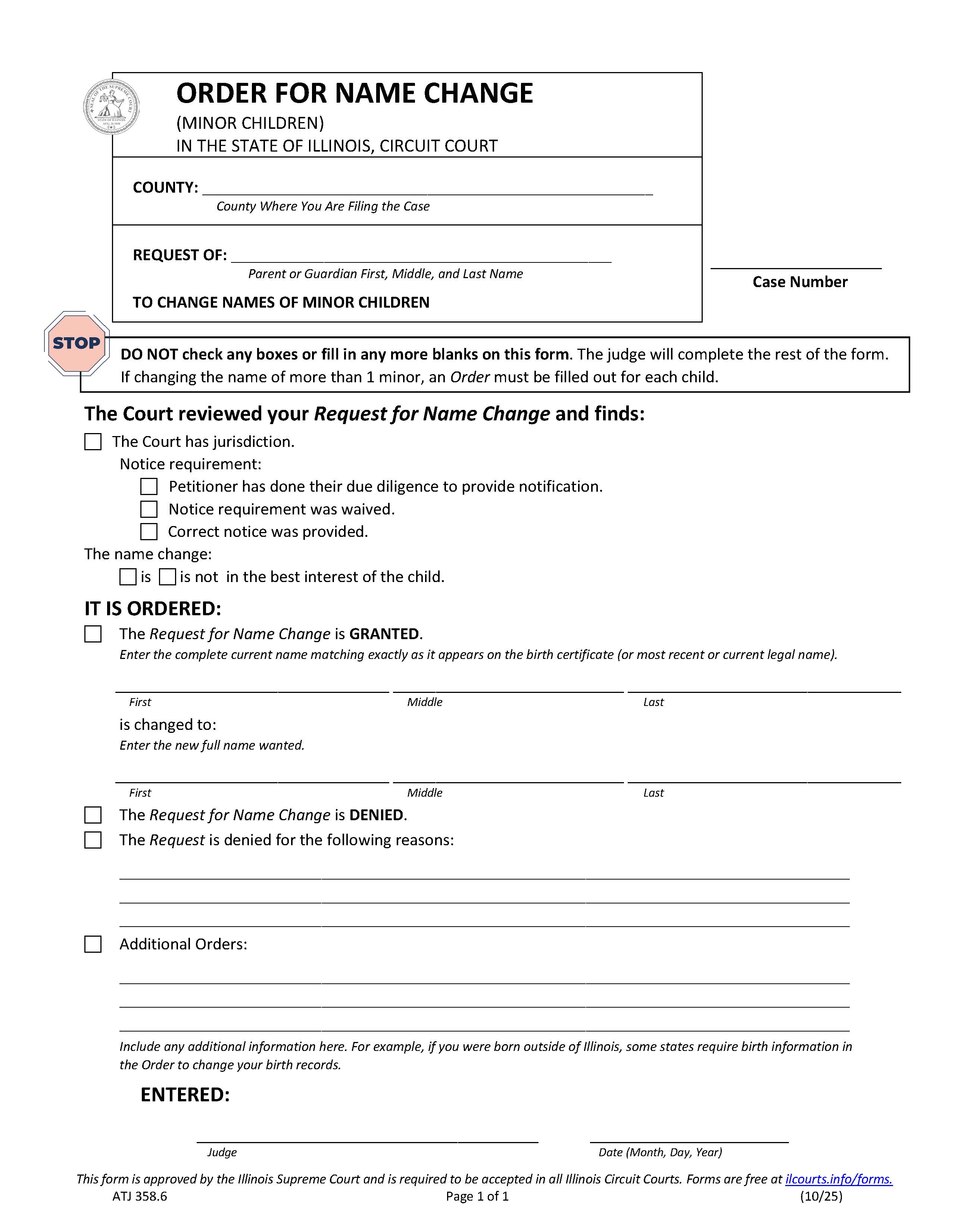 Order For Name Change (Minor Children) {ATJ 358.6} | Pdf Fpdf Docx | Illinois