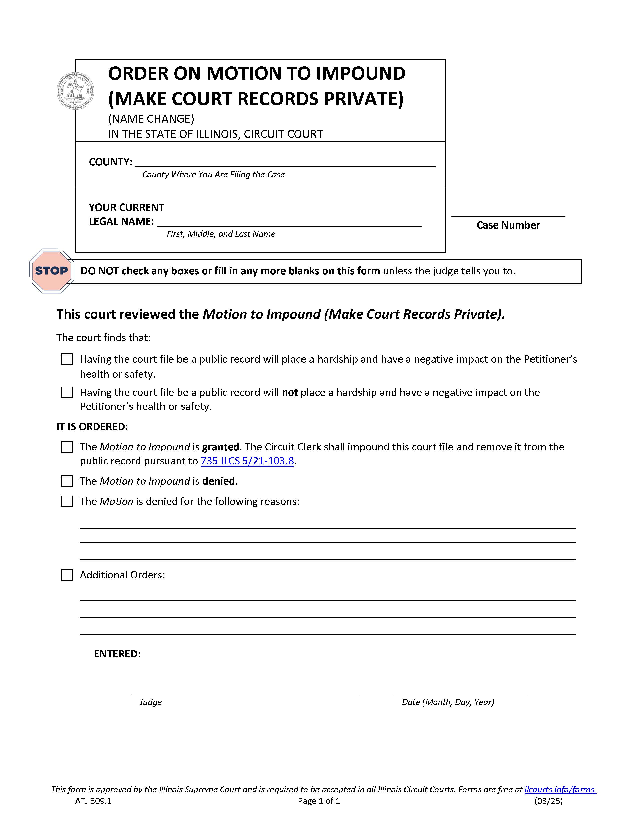Order On Motion To Impound (Make Court Records Private) {ATJ 309.1} | Pdf Fpdf Docx | Illinois