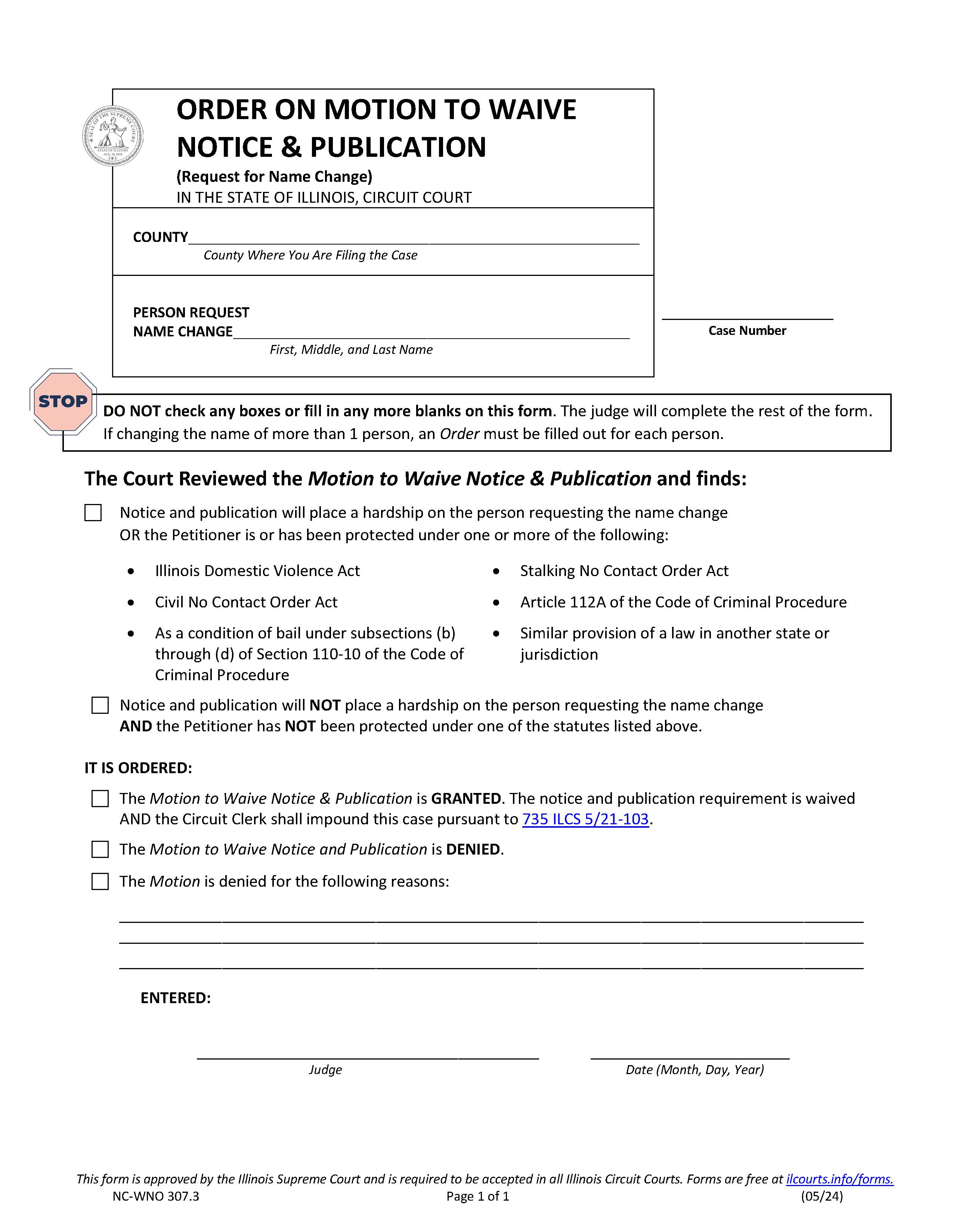 Order On Motion To Waive Notice And Publication (Name Change) {NC-WNO 307.3} | Pdf Fpdf Docx | Illinois