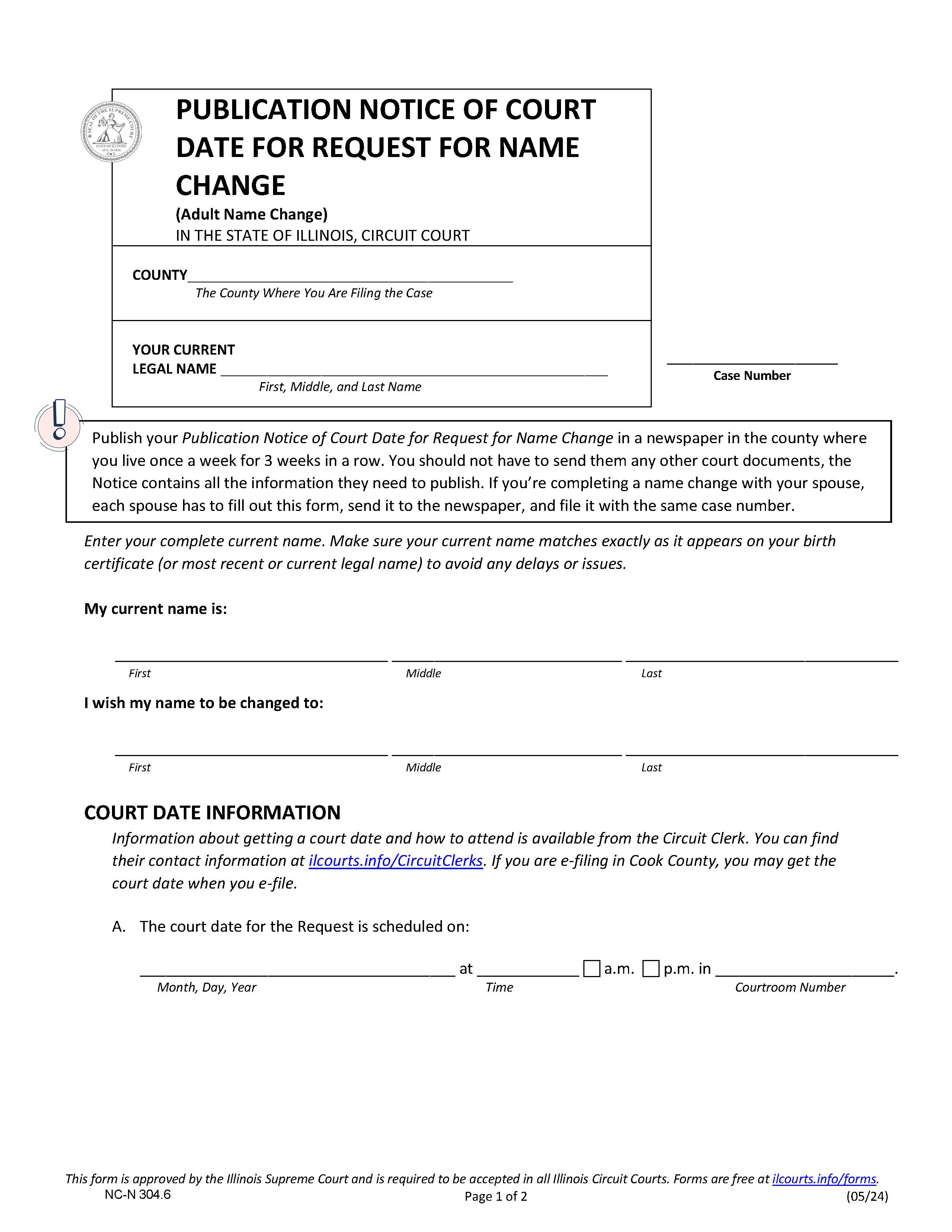 Publication Notice Of Court Date For Request For Name Change (Adult) {NC-N 304.6} | Pdf Fpdf Docx | Illinois