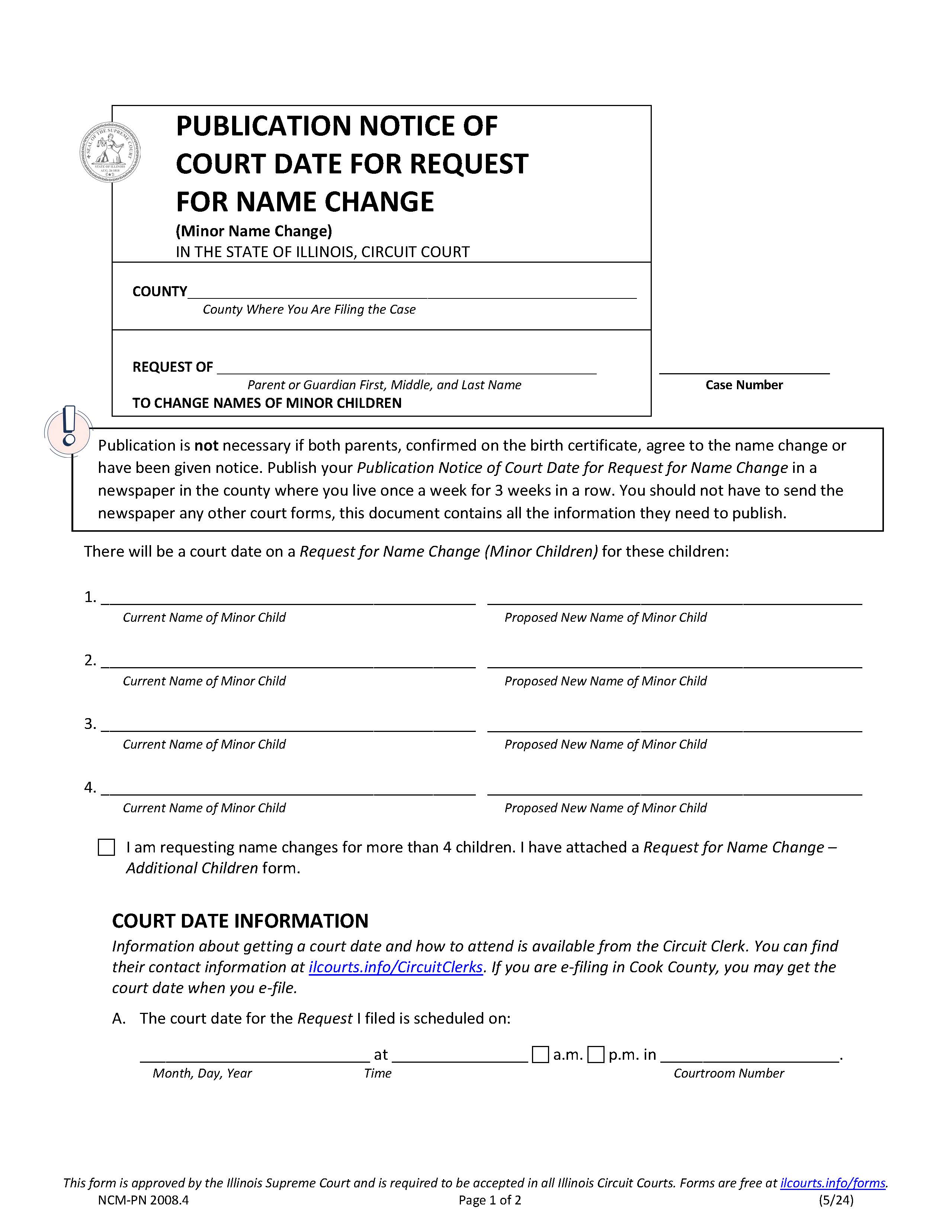 Publication Notice Of Court Date For Request Name Change (Minor Children) {NCM-PN 2008.4} | Pdf Fpdf Docx | Illinois