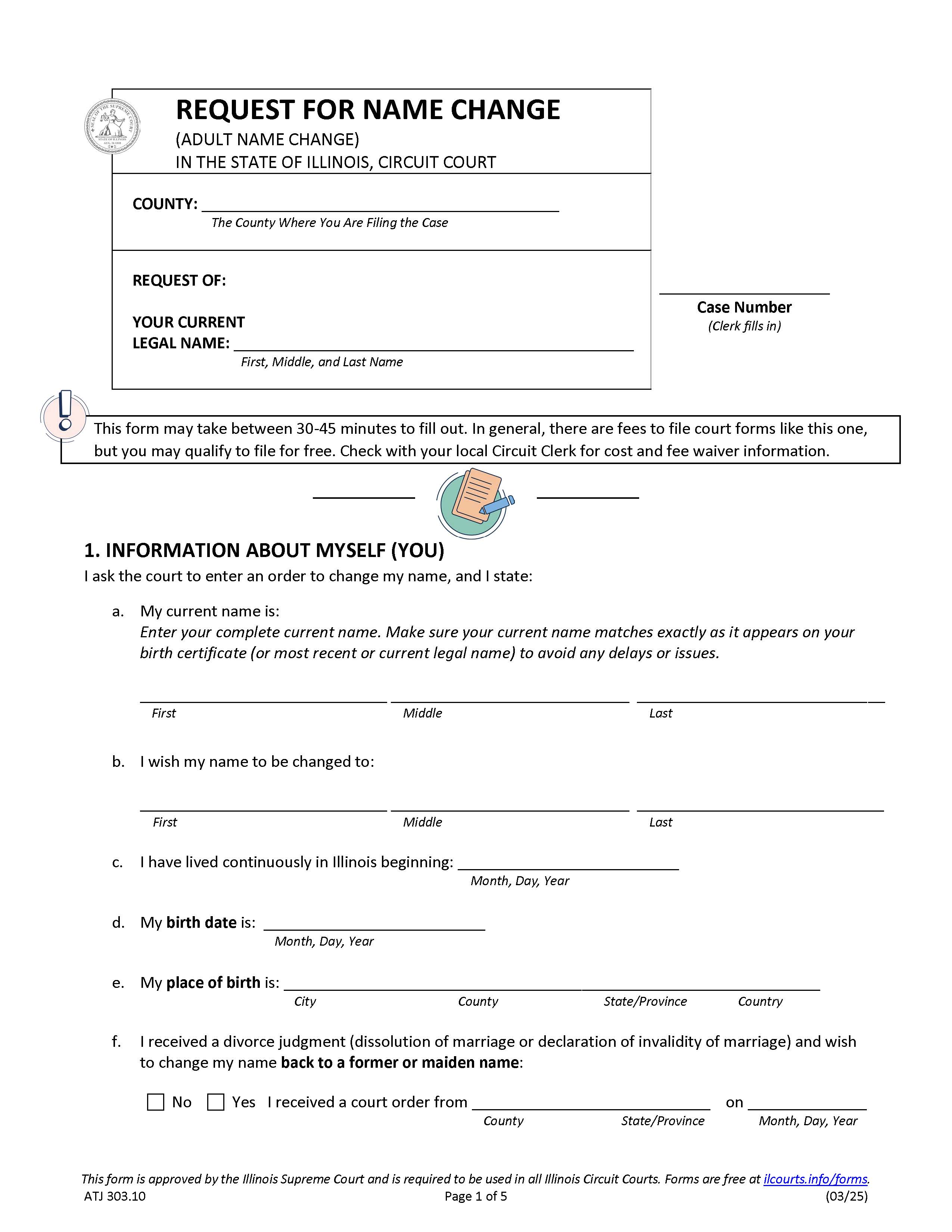 Request For Name Change (Adult) {ATJ 303.10} | Pdf Fpdf Docx | Illinois