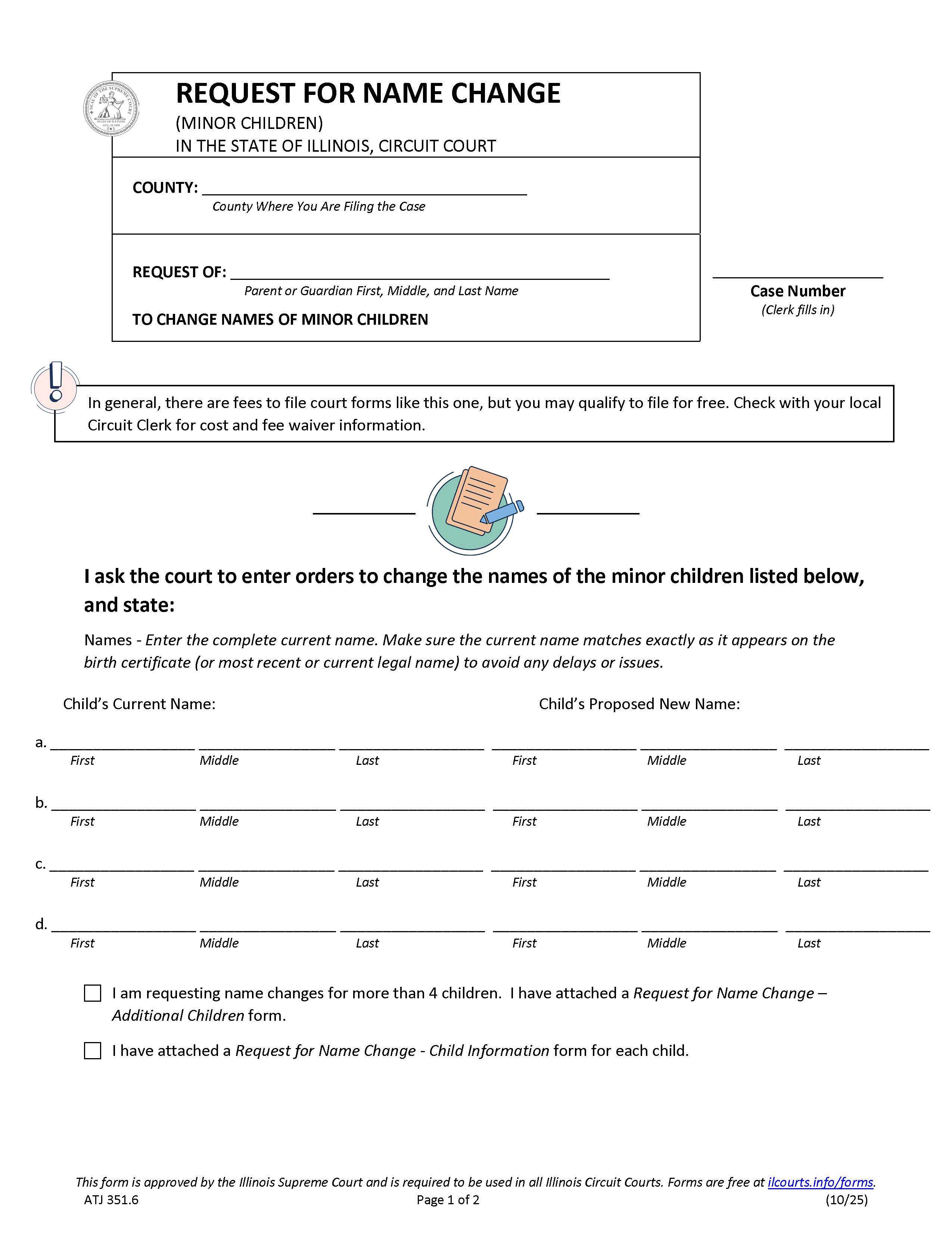 Request For Name Change (Minor Children) {ATJ 351.6} | Pdf Fpdf Docx | Illinois