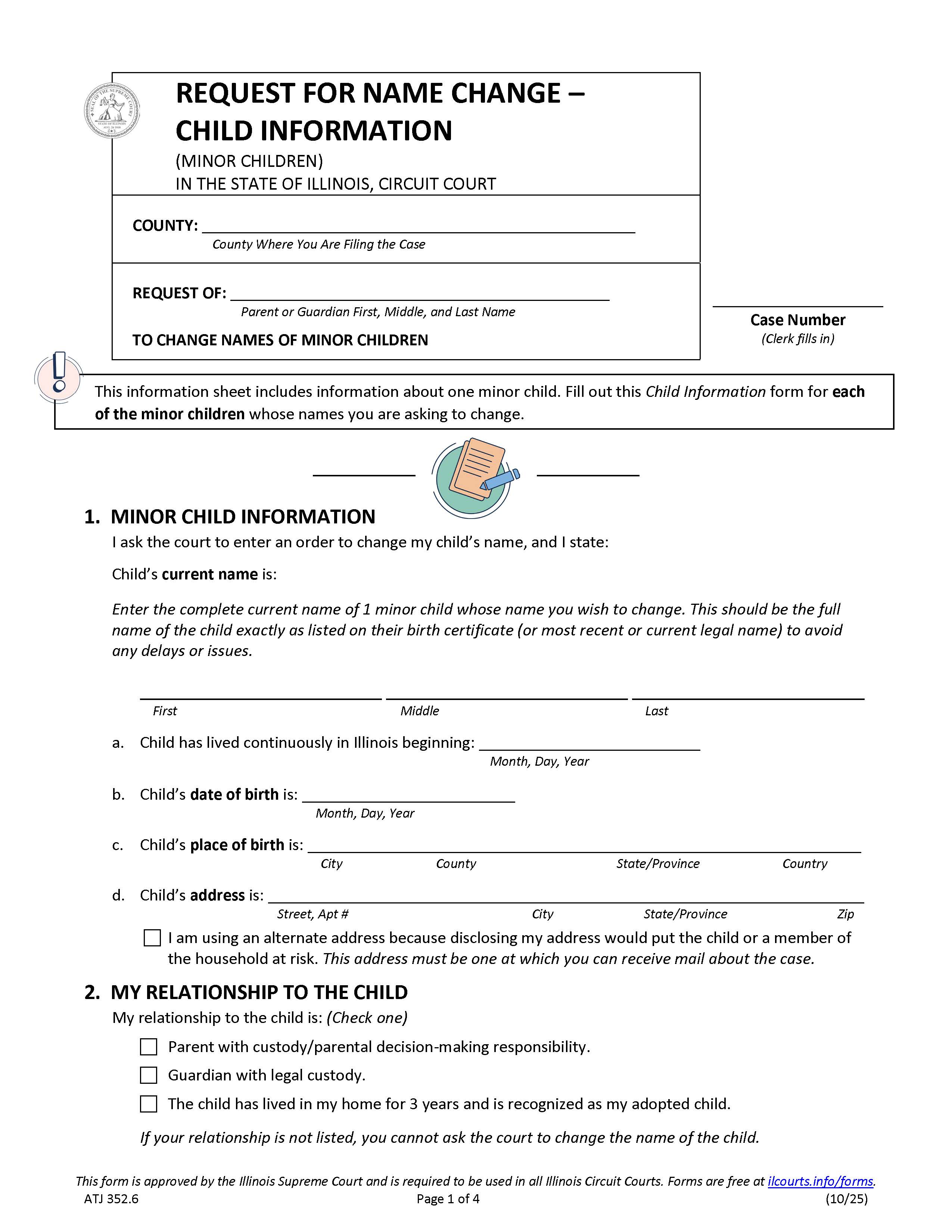 Request For Name Change Child Information {ATJ 352.6} | Pdf Fpdf Docx | Illinois