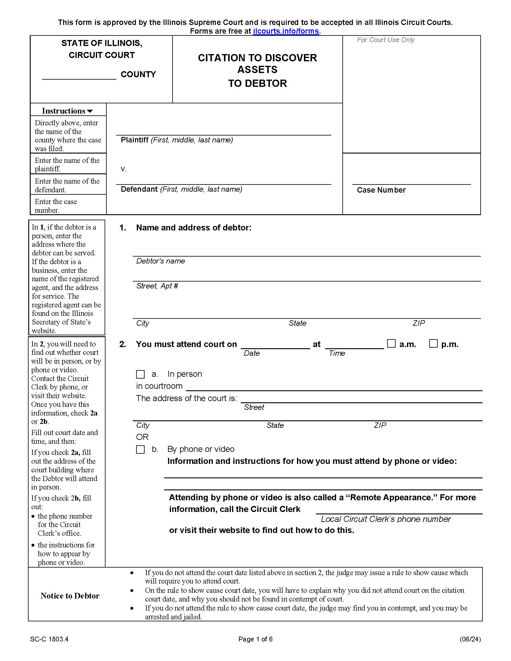 Citation To Discover Assets To Debtor And Income And Property Statement {SC-C 1803.4} | Pdf Fpdf Docx | Illinois