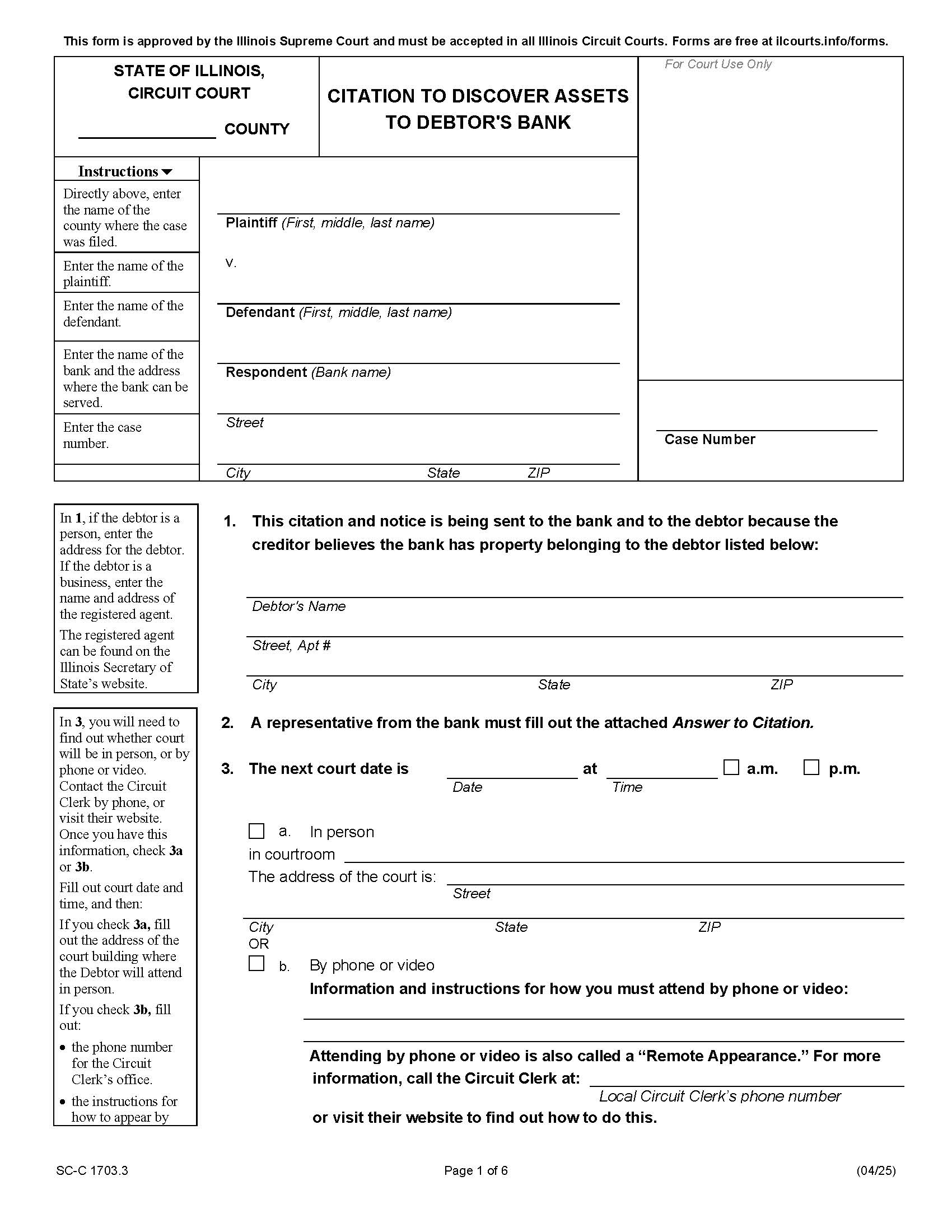 Citation To Discover Assets To Debtors Bank And Answer To Citation Proceeding {SC-C 1703.3} | Pdf Fpdf Docx | Illinois