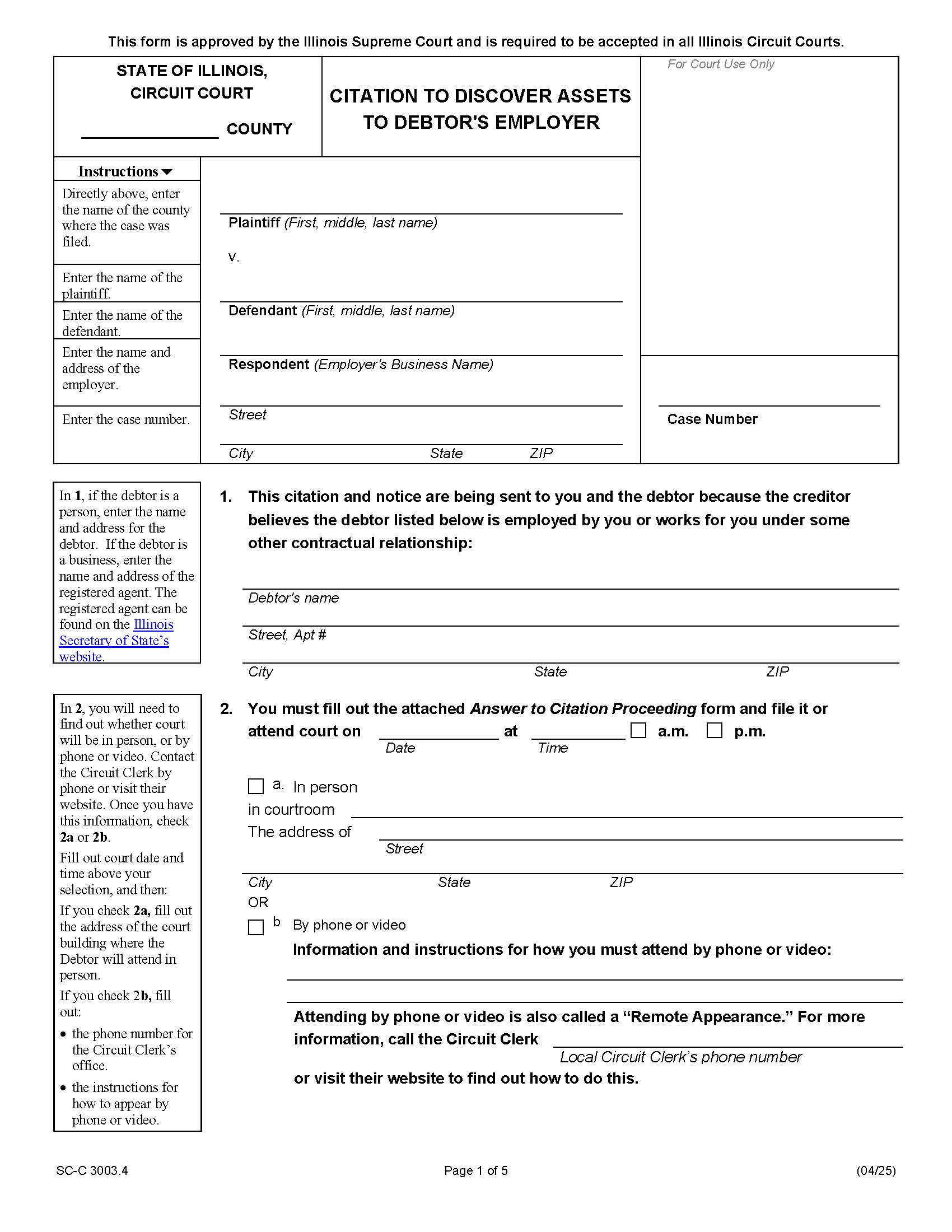 Citation To Discover Assets To Debtors Employer And Answer {SC-C 3003.4} | Pdf Fpdf Docx | Illinois