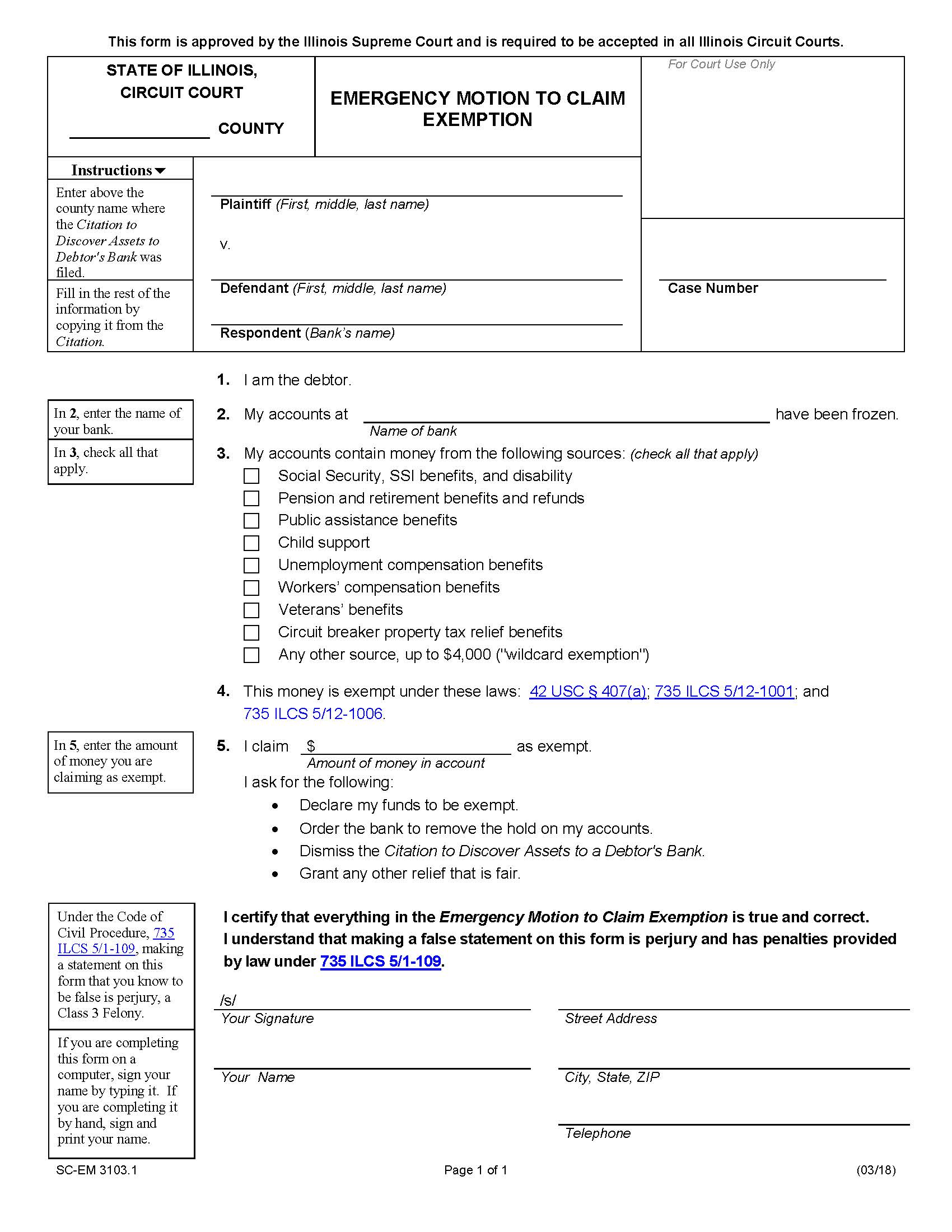 Emergency Motion To Claim Exemption {SC-EM 3103.1} | Pdf Fpdf Docx | Illinois