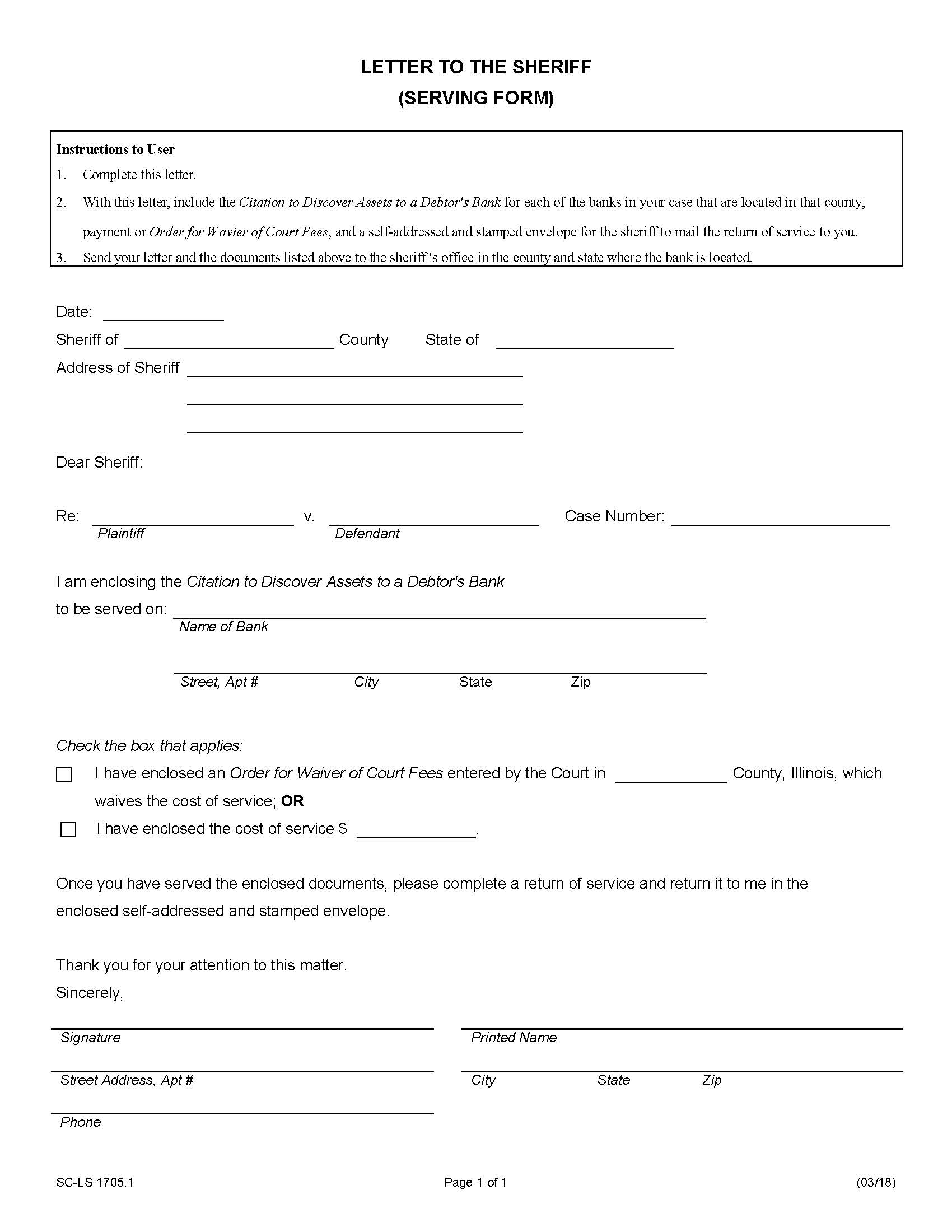 Letter To Sheriff (Citation To Discover Assets To Debtors Bank) {SC-LS 1705.1} | Pdf Fpdf Docx | Illinois