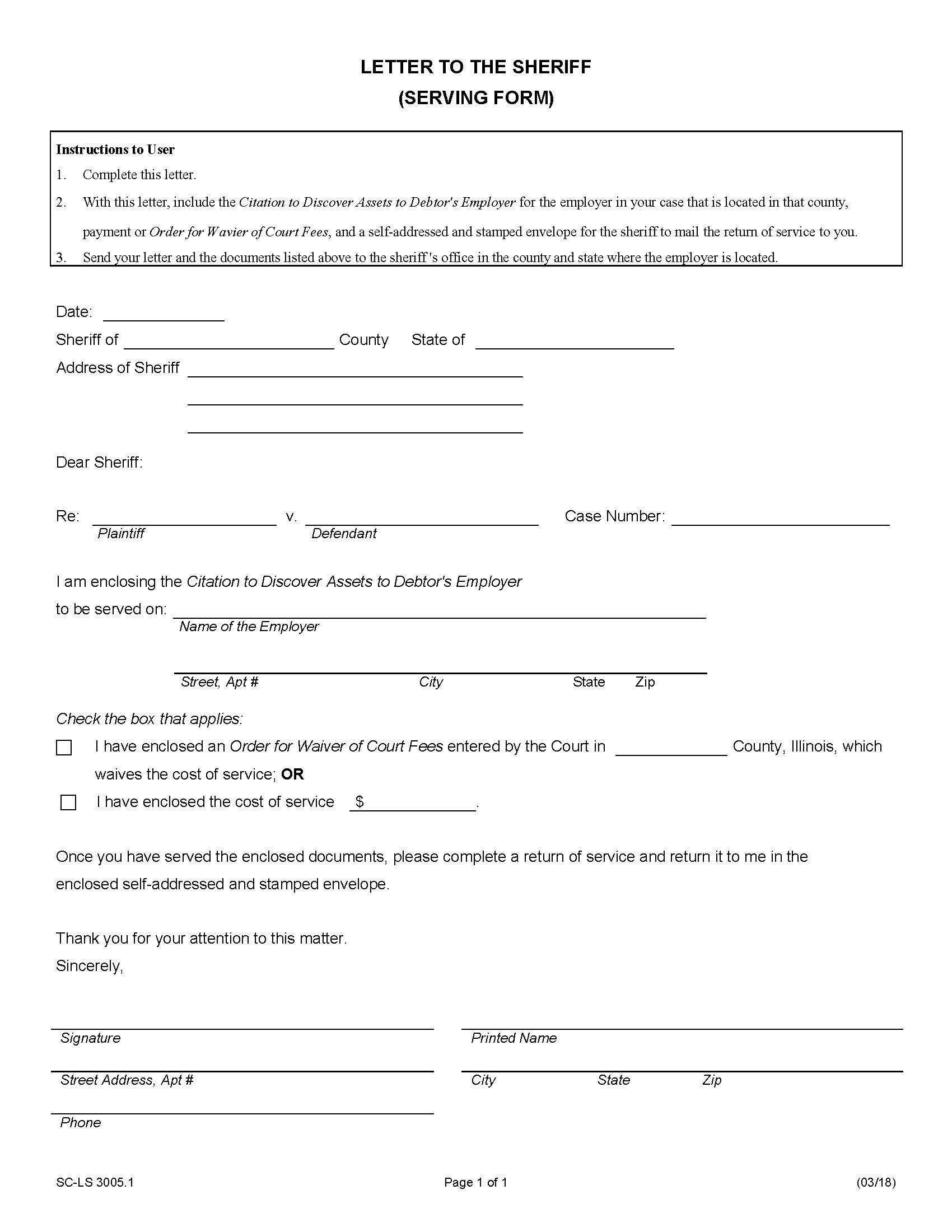 Letter To Sheriff (Citation To Discover Assets To Debtors Employer) {SC-LS 3005.1} | Pdf Fpdf Docx | Illinois