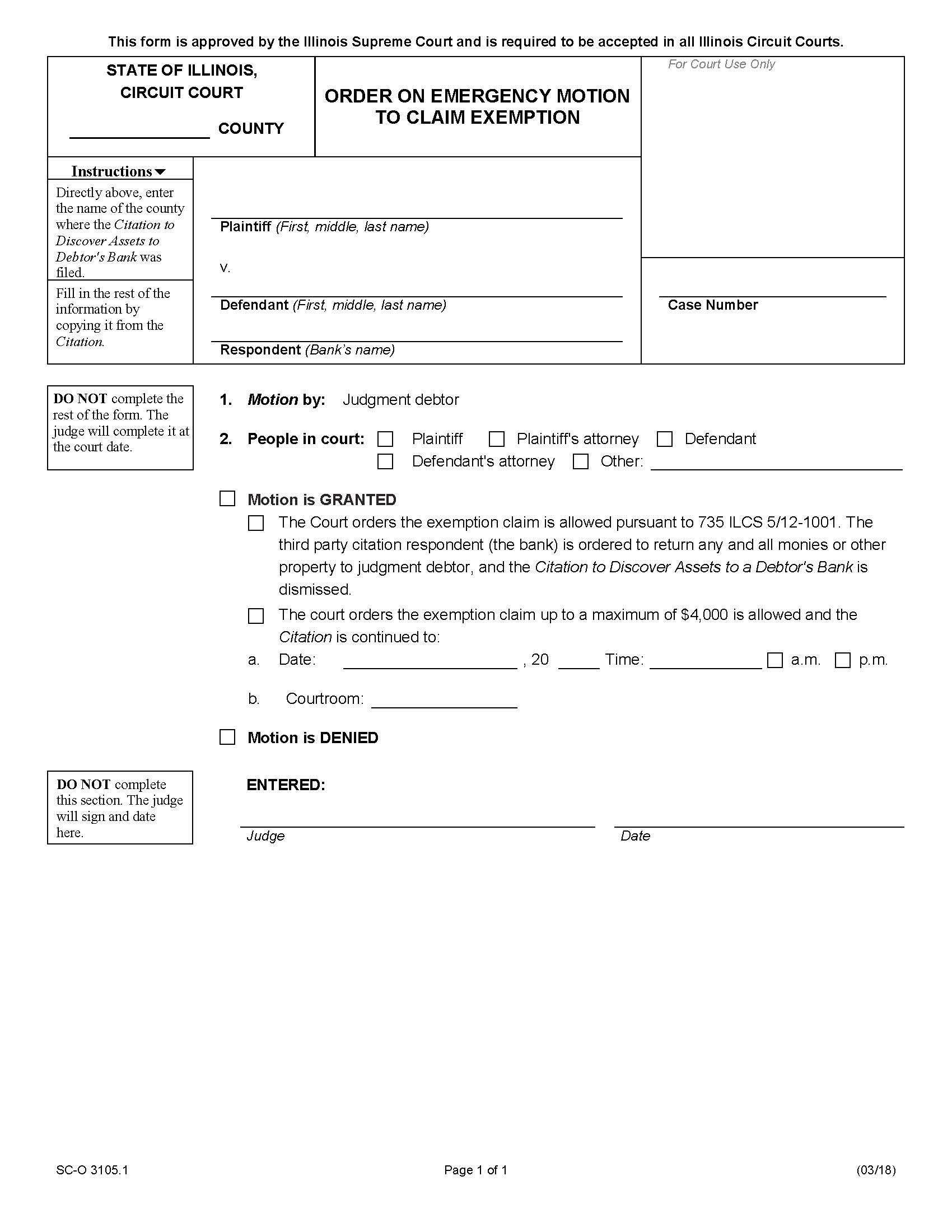 Order On Emergency Motion To Claim Exemption {SC-O 3105.1} | Pdf Fpdf Docx | Illinois