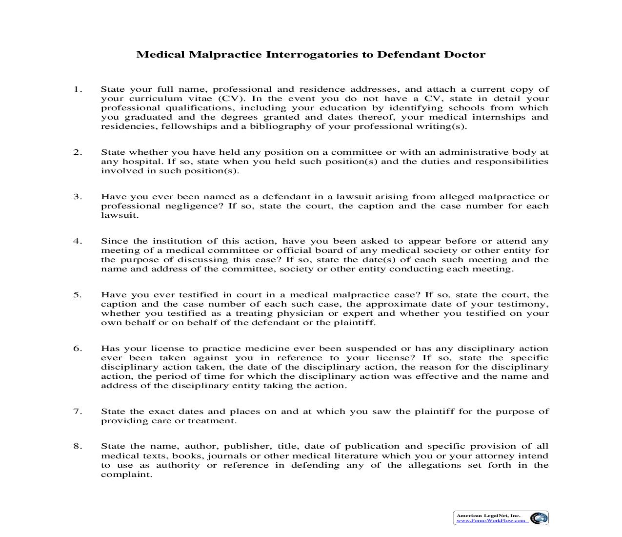 Medical Malpractice Interrogatories To Defendant Doctor | Pdf Fpdf Doc Docx | Illinois