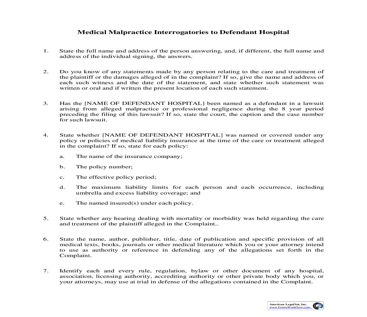 Medical Malpractice Interrogatories To Defendant Hospital | Pdf Fpdf Doc Docx | Illinois