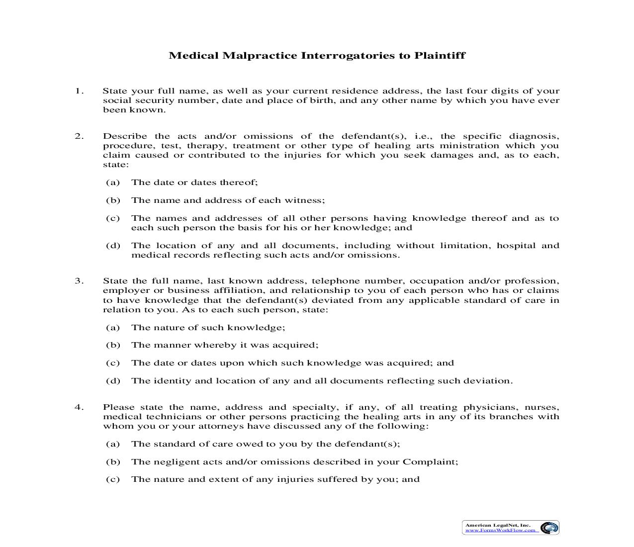 Medical Malpractice Interrogatories To Plaintiff | Pdf Fpdf Doc Docx | Illinois