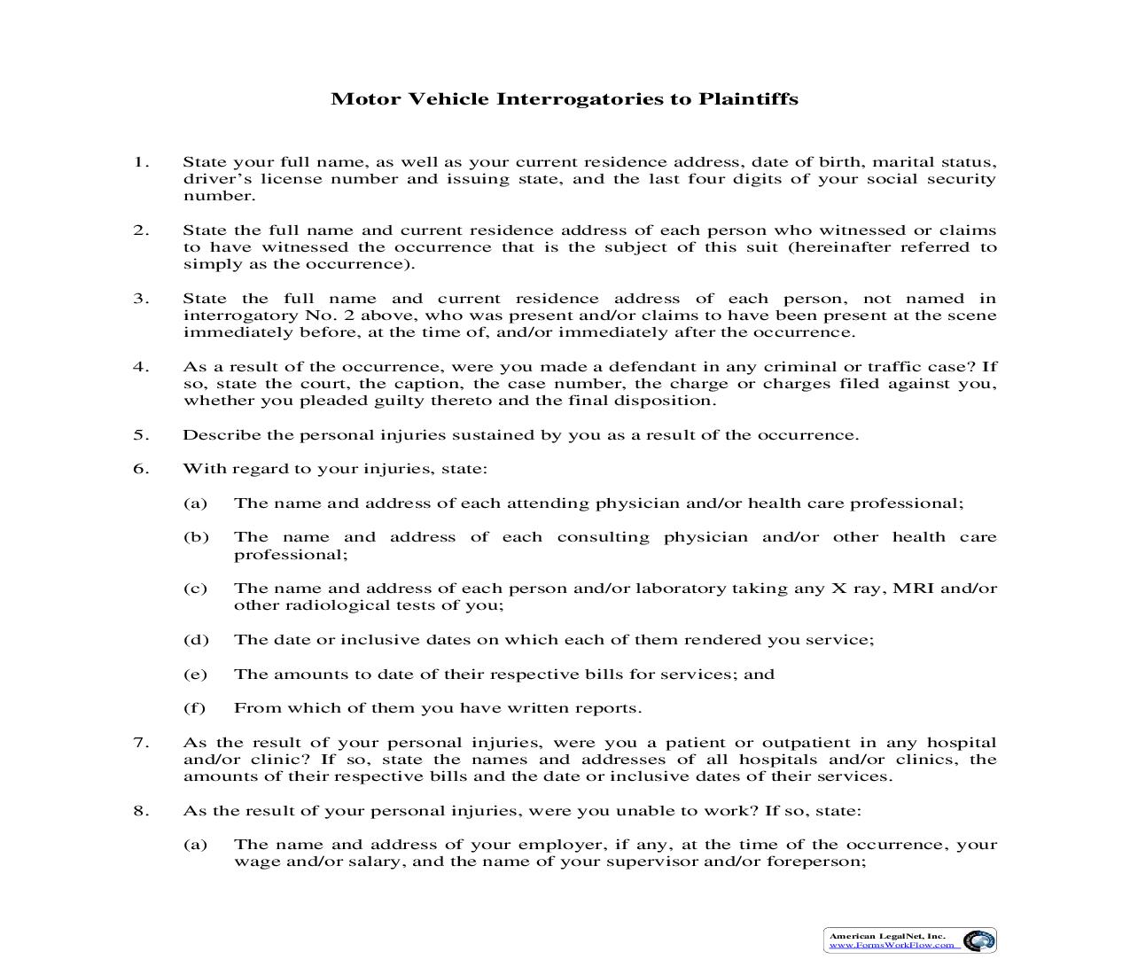 Motor Vehicle Interrogatories To Plaintiffs | Pdf Fpdf Doc Docx | Illinois